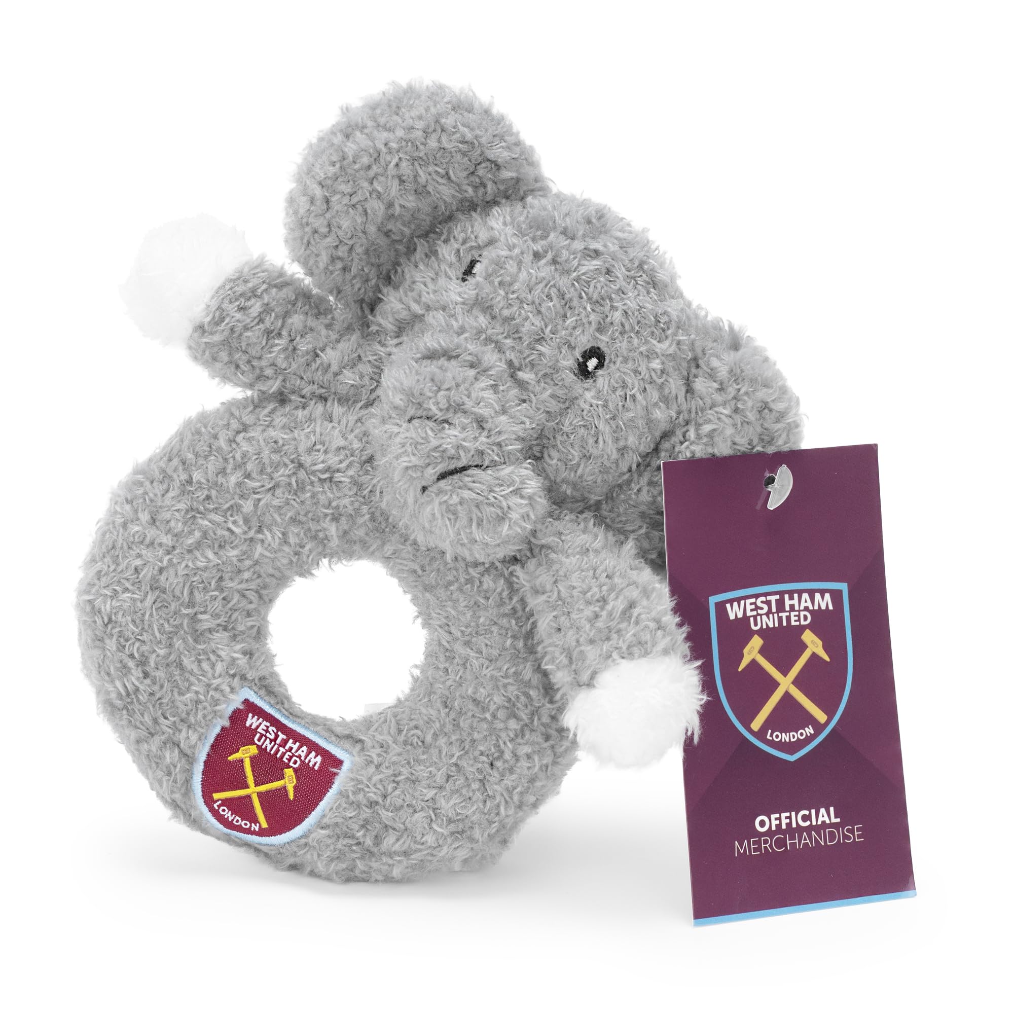 Officially Licensed West Ham Elephant Baby Soft Rattle Toy. Newborn Baby Stuffed Animal Rattle Hand Grip Set