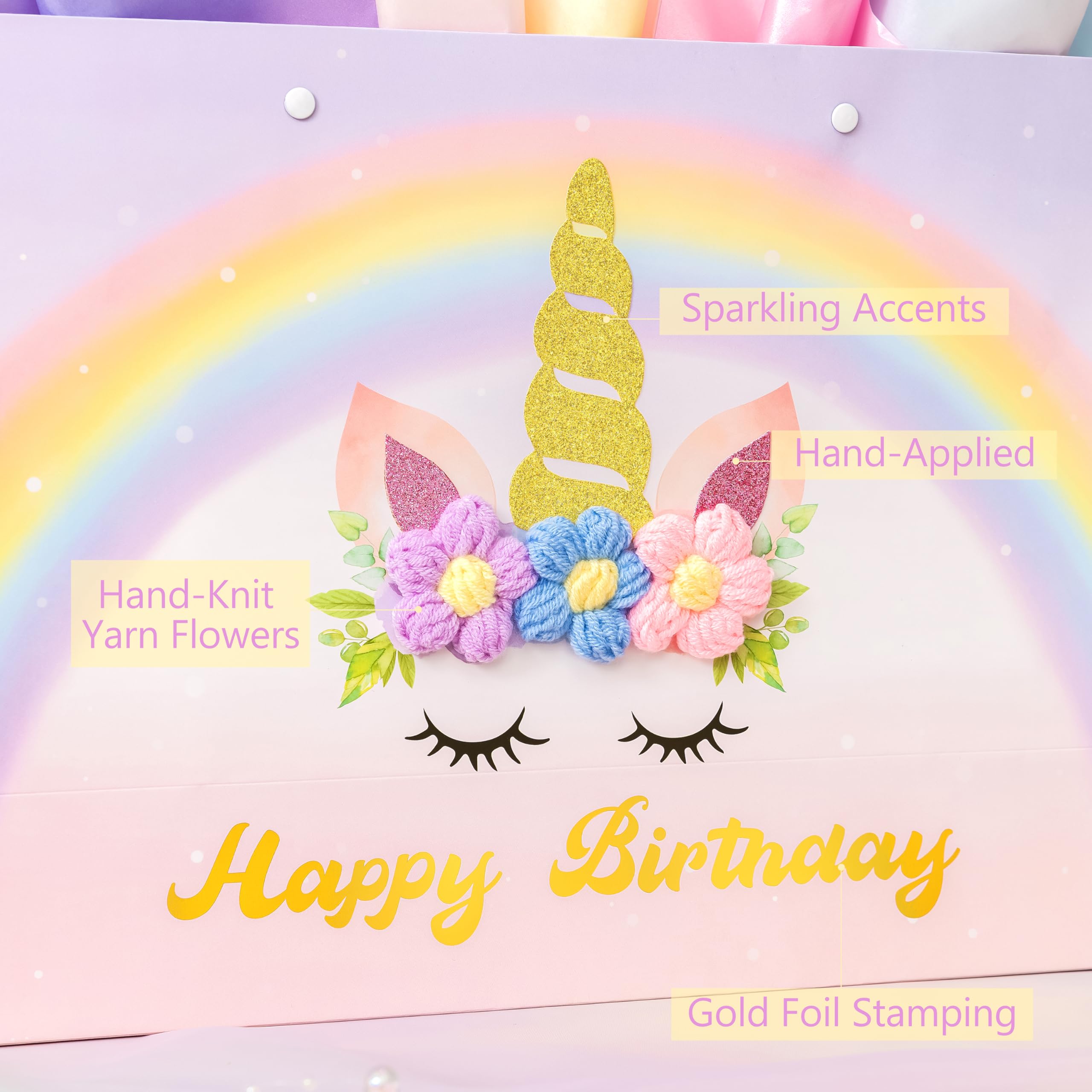 Crisky Unicorn Birthday Bags for Girls with Card & Tissue Paper, Birthday Gift Bags for Kids Baby Daughter Bday Party Decorations Gift Ideas