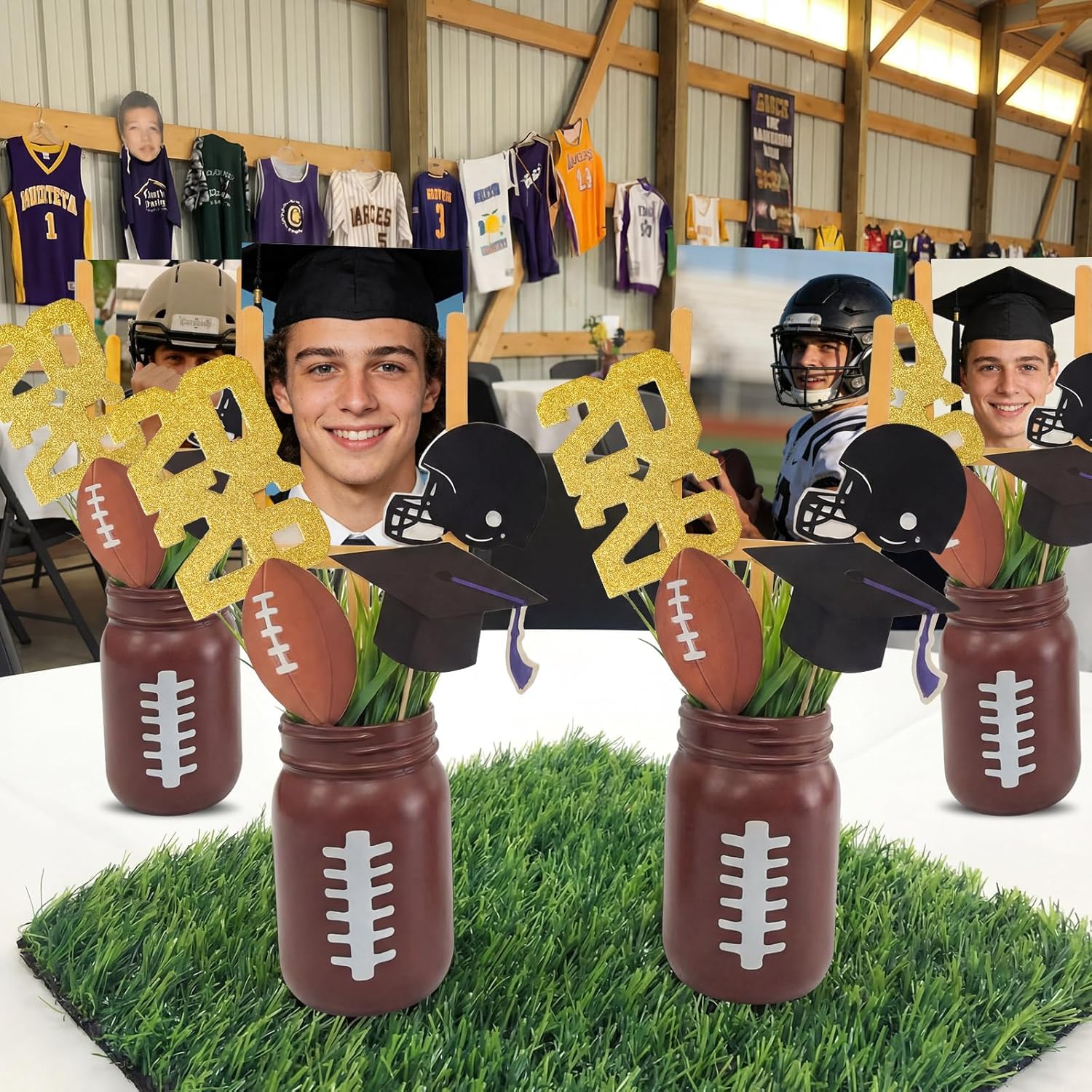 Vesici 4 Set Senior 2026 Football Graduation Decorations Grad Football Mason Jars with Sticks Class of 2026 Grad Photo Centerpieces Senior Graduation Table Decorations for College Party Table Toppers