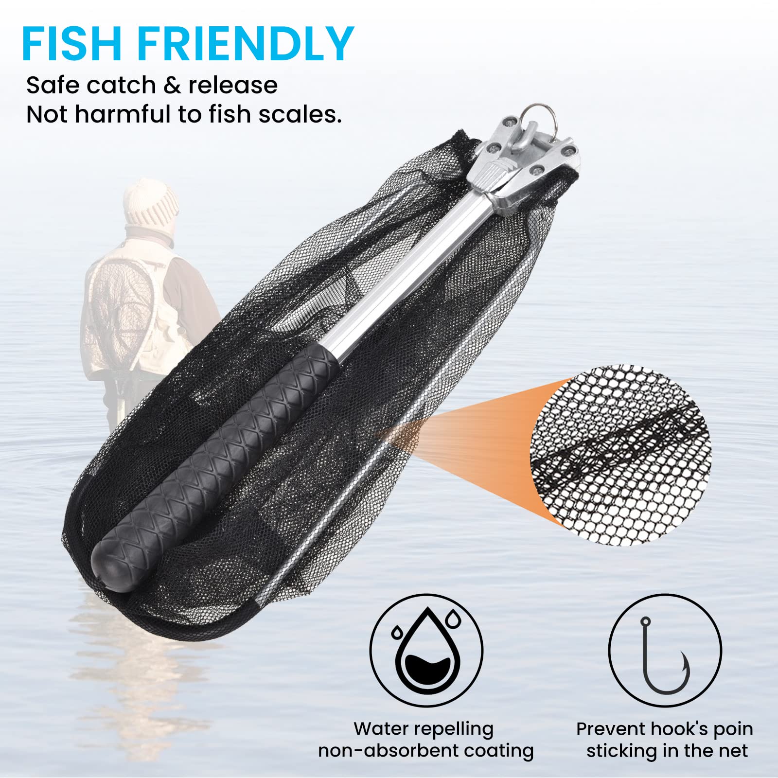 Aicharynic Retino da Pesca: 50 cm, Telescopico, Pieghevole, per Crap, Trote, Barca e Oceano, Nero, Alluminio e Nylon