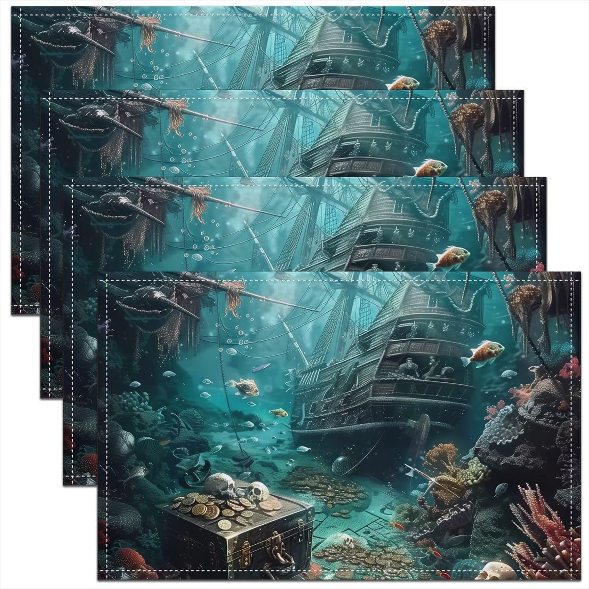 Erosebridal Set of 4 Pirate Ship Place Mats for Dining Patio Table,Nautical Sailboat Placemats 12x18 Inch,Sail Boat Sailing Table Mats,Teal Ocean Marine Waterproof Placemats