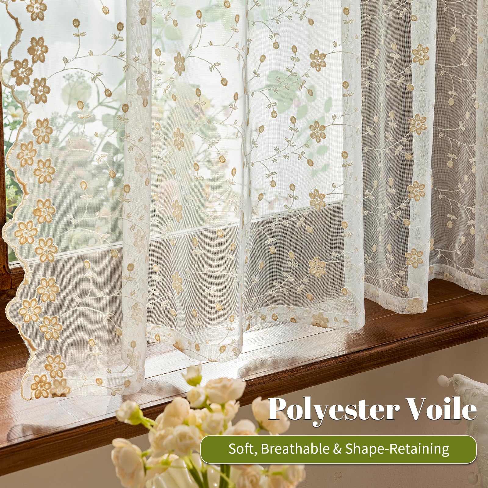 KnBoB Küchengardine Kurz, Bistrogardine Voile, Scheibengardinen mit Pflaumenblüten-Muster, Halbtransparent, Landhausstil, Stangendurchzug, 175x140 cm, Beige