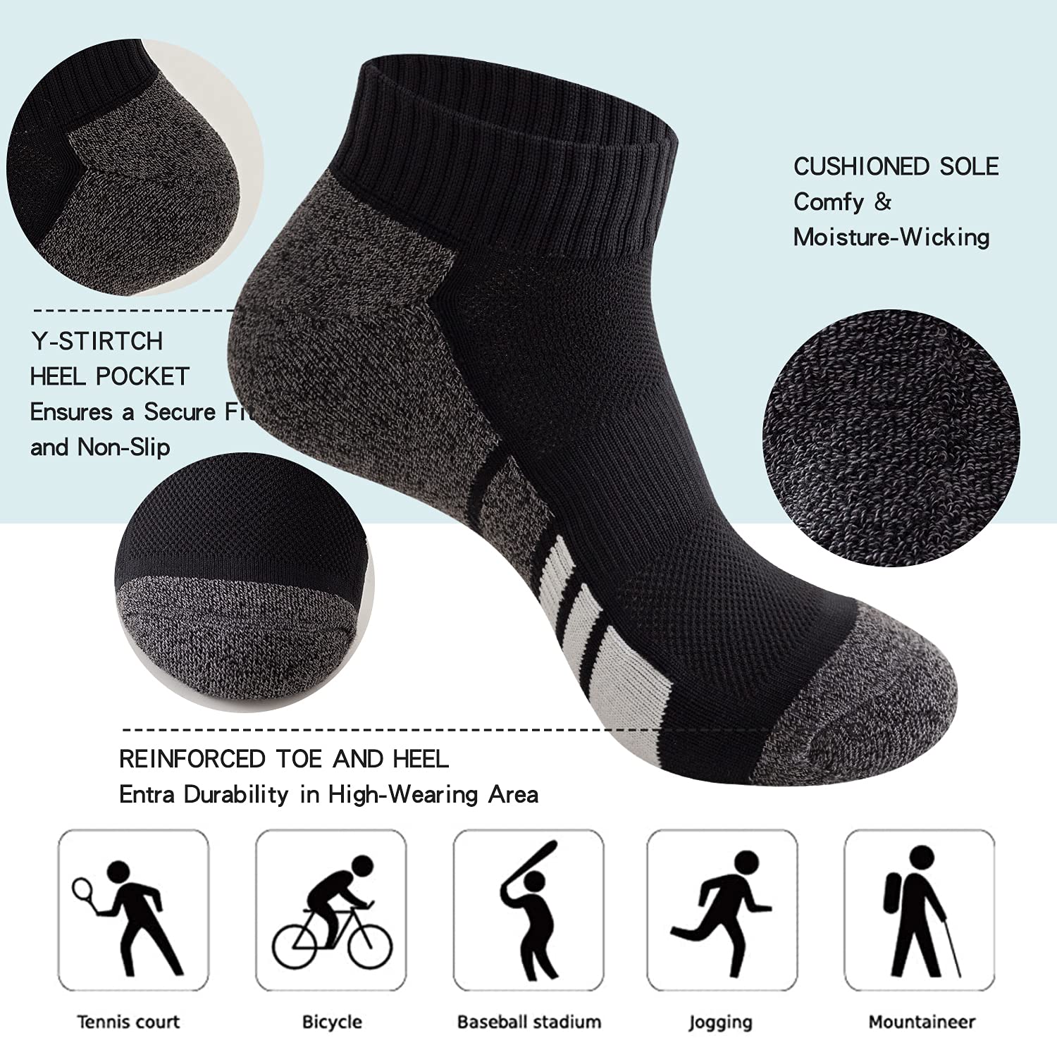 Sock Amazing 6 pares de calcetines de tobillo negros acolchados para hombre, calcetines deportivos de corte bajo, calcetines atléticos para escalada, correr, ciclismo, estaño