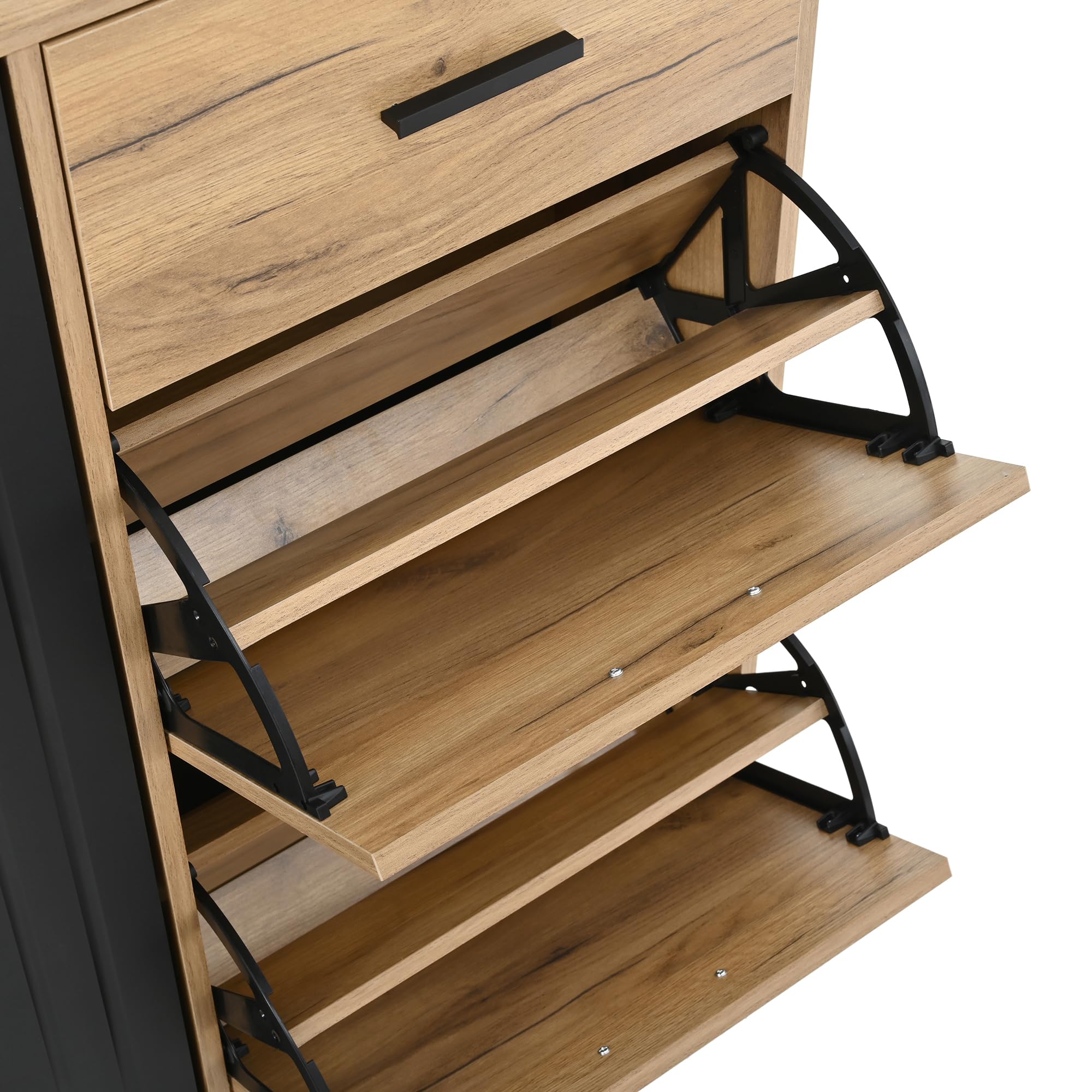 80 × 24 × 95,5 cm, zapatero moderno con estantes ajustables, tiradores negros, 1 cajón y 1 puerta, zapatero multiusos, zapatero en el pasillo (natural+negro)