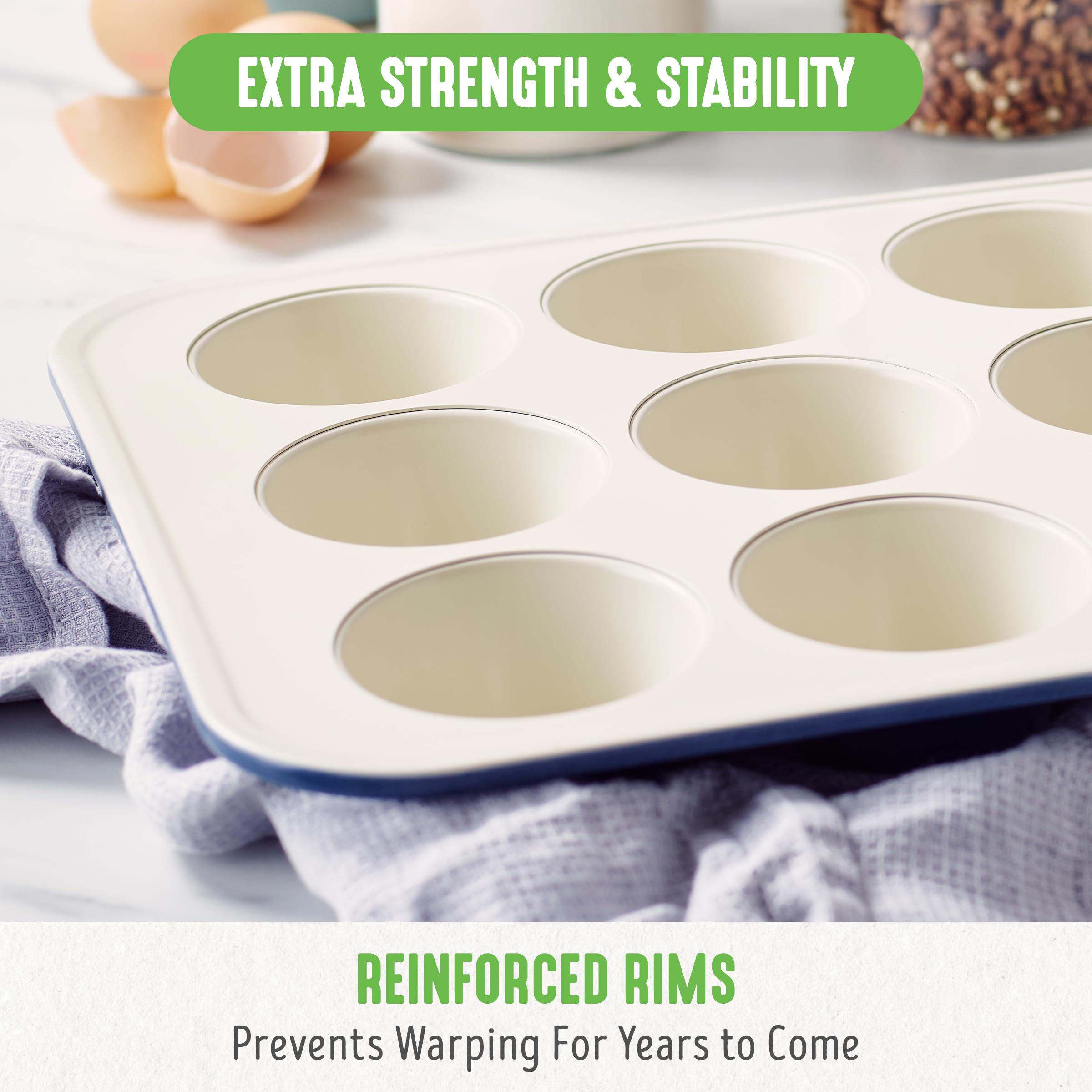 GreenLife Healthy Ceramic Non-Stick 12-Cup Muffin Tray, PFAS-Free, Royal Blue, 12 Cup Muffin and Cupcake Baking Tin - Image 4