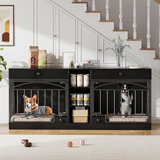 GarveeHome 78.7" Dog Crate Furniture for 2 Dogs with Storage, Black