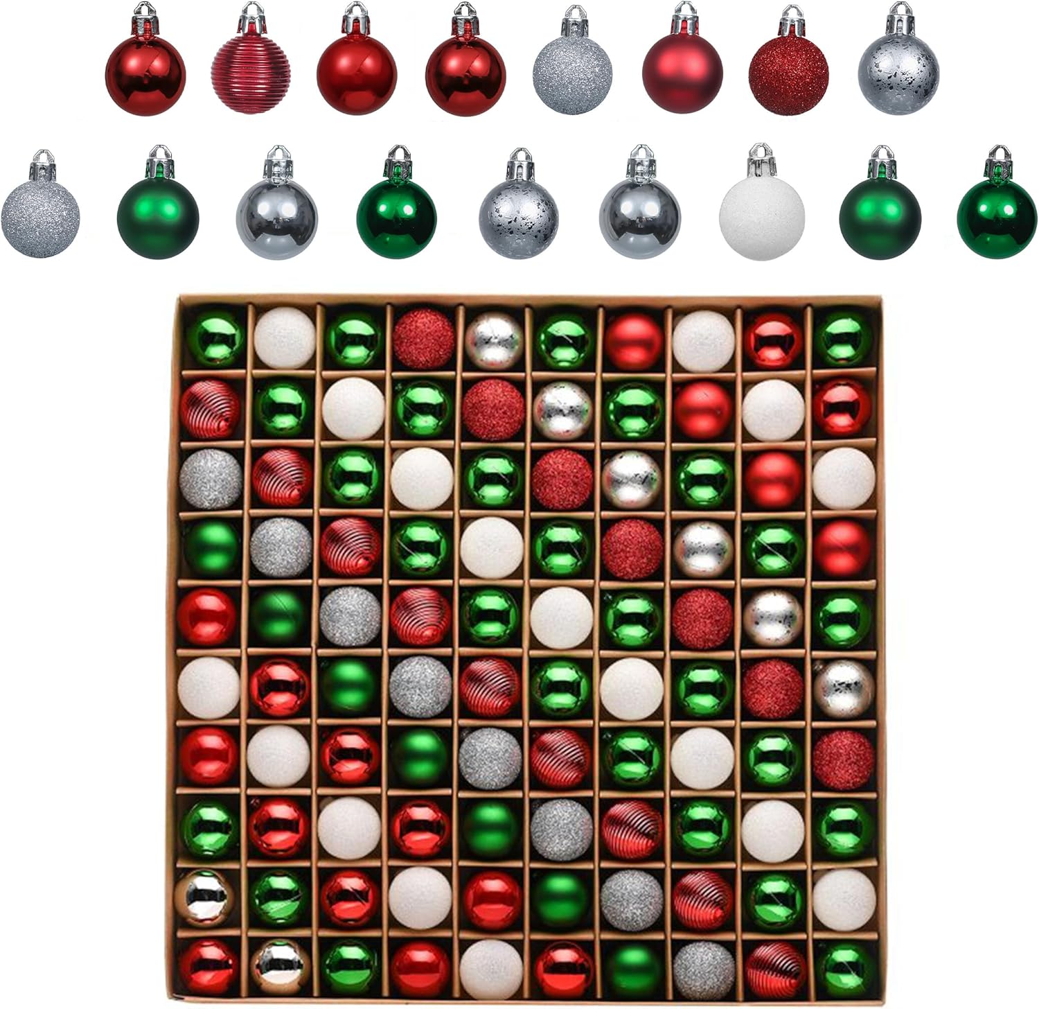 Valery Madelyn 100ct Mini Christmas Ornaments Tree Decorations Set, 1.18 Inches Red Green and White Shatterproof Christmas Ball Ornaments, Hanging Ornament Bulk for Xmas Holiday Party Decor