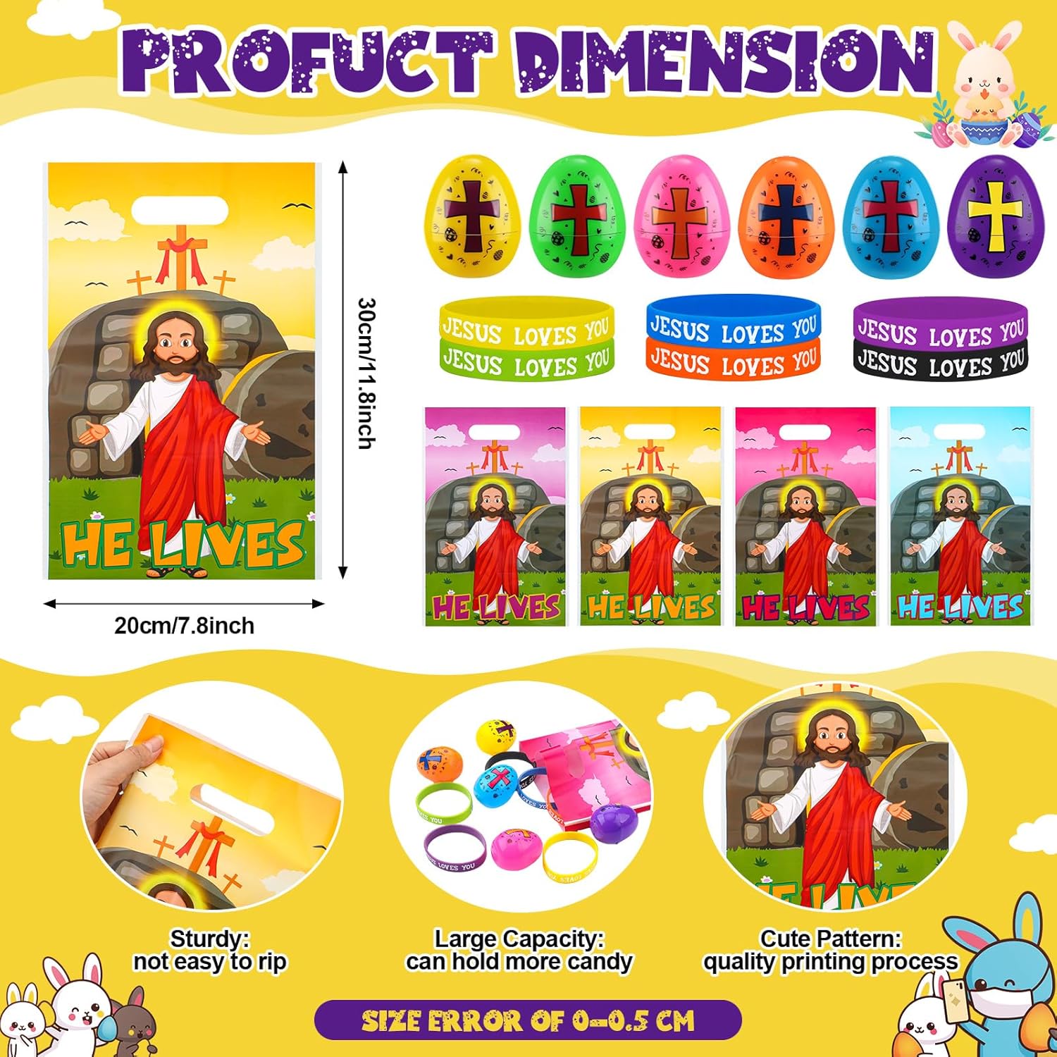 108 Pcs Easter Religious Party Favor Set Include 36 Pcs Easter Eggs Fillers 36 Pack Christian Goody Bags 36 Pack Jesus Loves You Wristbands Party Supplies for Gift Church (Jesus)