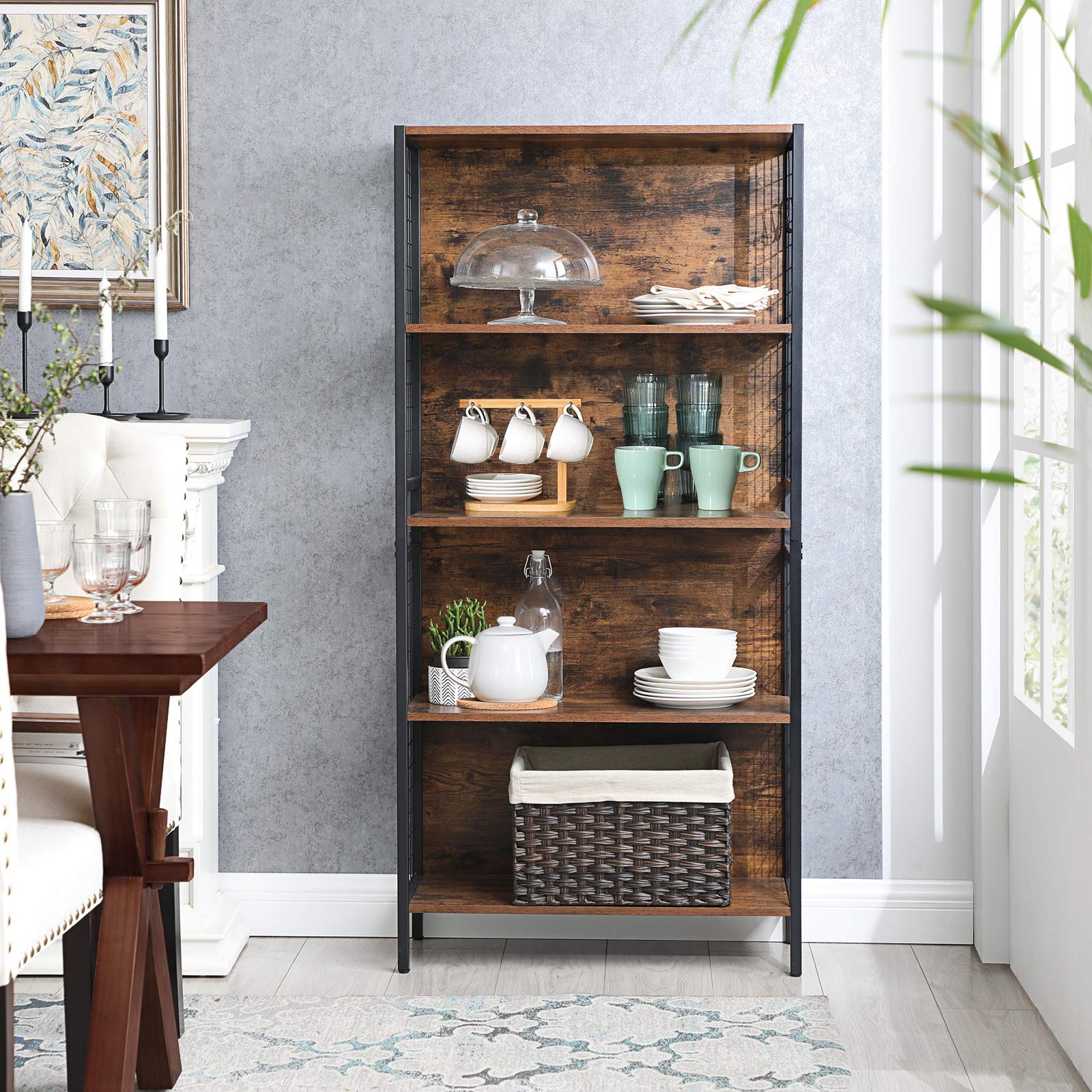 VASAGLE Boekenrek, boekenkast met 4 niveaus, opbergkast, wandkast, met deuren, groot, stalen frame, voor woonkamer, kantoor, slaapkamer, industriële stijl, rustiek bruin en zwart, LBC022B01
