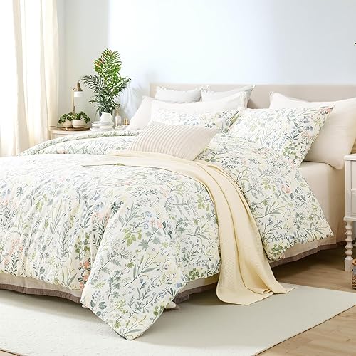 Miniatura 3 de Juego de edredón floral verde, tamaño King, edredón 100% algodón, 3 piezas, suave, ligero, reversible, retro, floral, para todas las estaciones