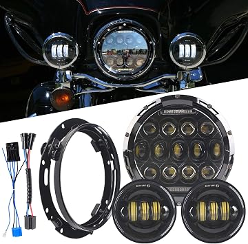 75W 7" LED Headlight White Halo Ring, 30W 4.5" Fog Passing Light White Ring with Mounting Ring For Harley Davidson Touring Road King Ultra Classic Electra Street Glide Tri-CVO Heritage Softail Slim