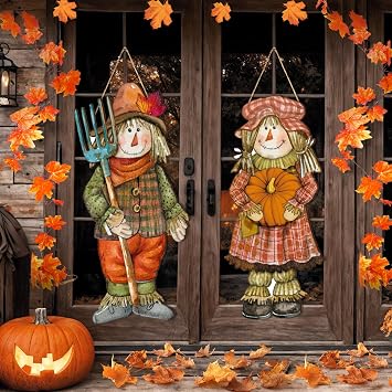 Barydat 2 Pcs Fall Scarecrow Sign for Porch Thanksgiving Decor Outdoor