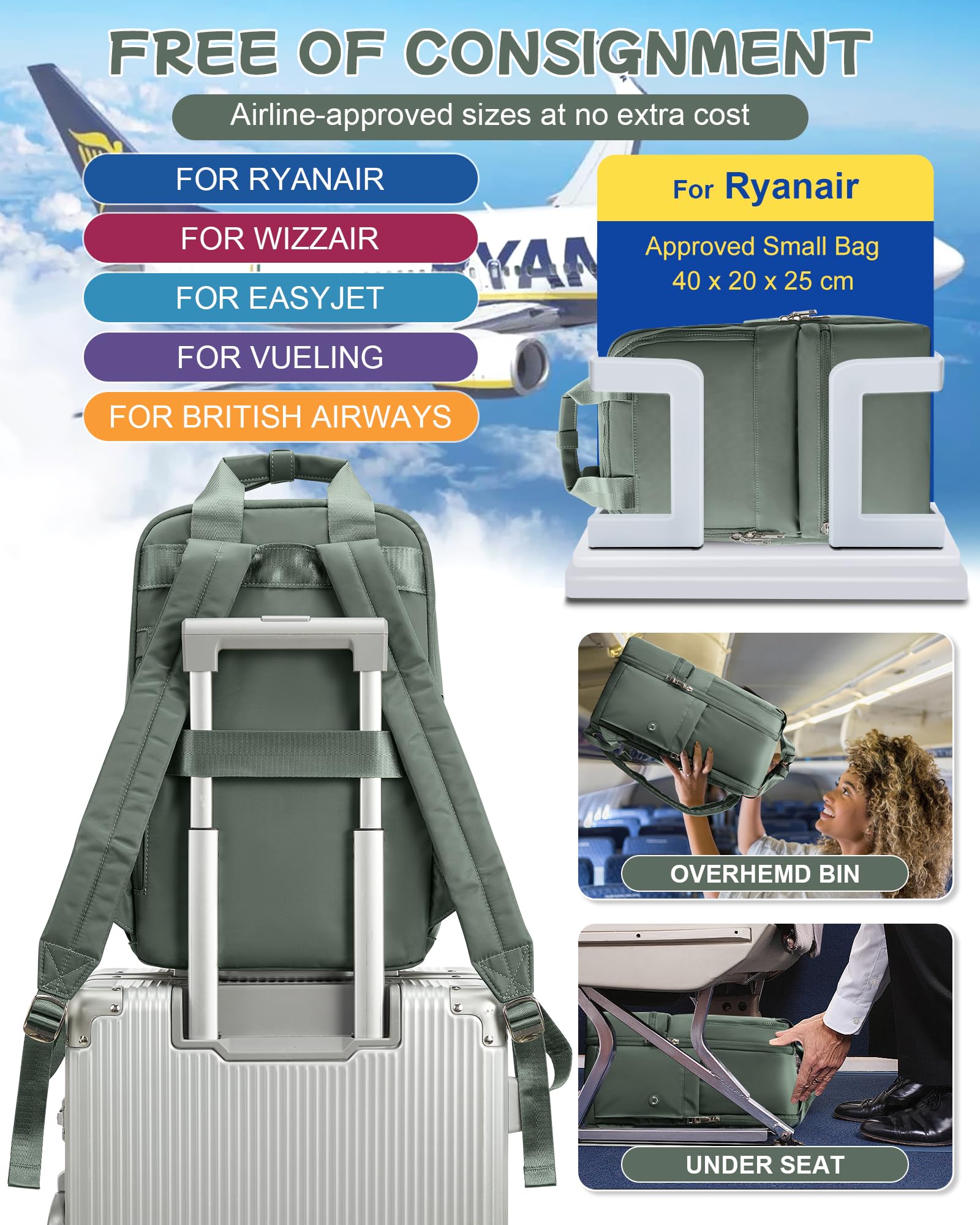 bergsalz zaino ryanair 40x20x25 zaino da viaggio donna zaino da viaggio aereo bagaglio a mano 40x20x25 ryanair zaino uomo Sportivo zaino da scuola casual laptop da 14 pollici verde