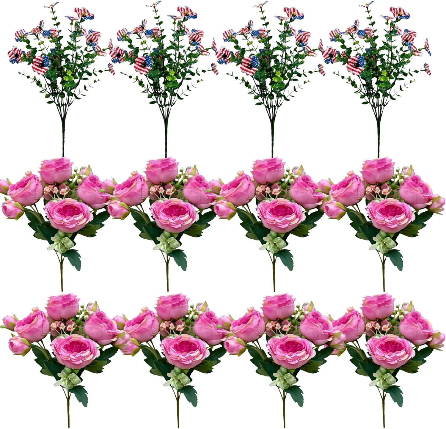 12 Stems Silk Real Touch Peonies, Artificial Peony Bouquet for Memorial Day, 4th of July & 250 Anniversary Flag Decor for Cemetery, Home, Office, Patriotic Party (Maroon)