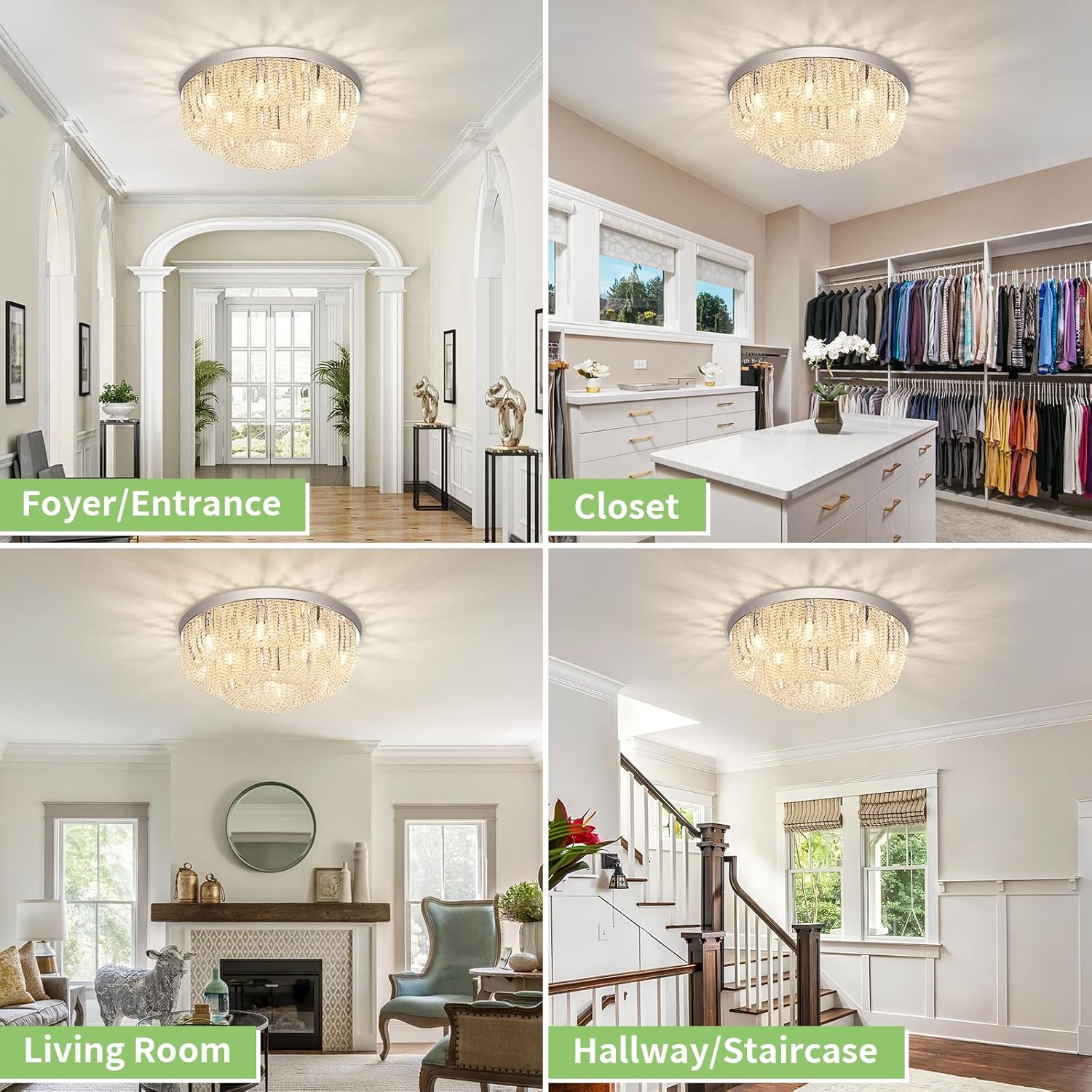 17" Crystal Chandelier, Semi Flush Mount Ceiling Light Fixture with Elegant Bead Chain Weaving, Chrome Ceiling Lamp Lighting for Living Room Dining Bedroom Bathroom Hallway Kitchen Closet