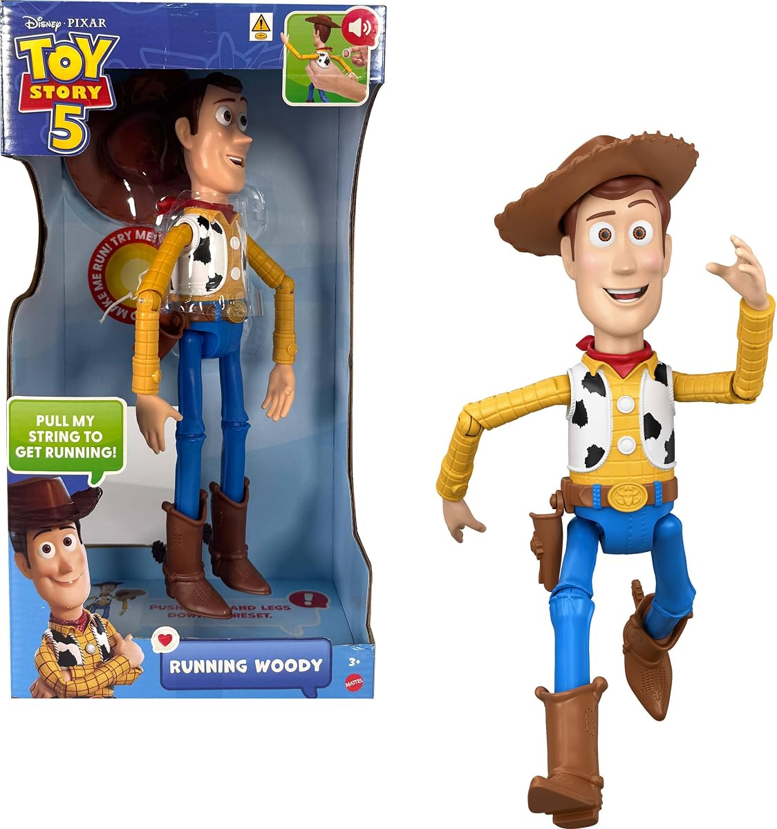 Mattel Disney and Pixar Toy Story 5 Running Woody | 12-inch Action Figure with 50+ Movie Phrases & Sounds, Movie-Accurate, English Language