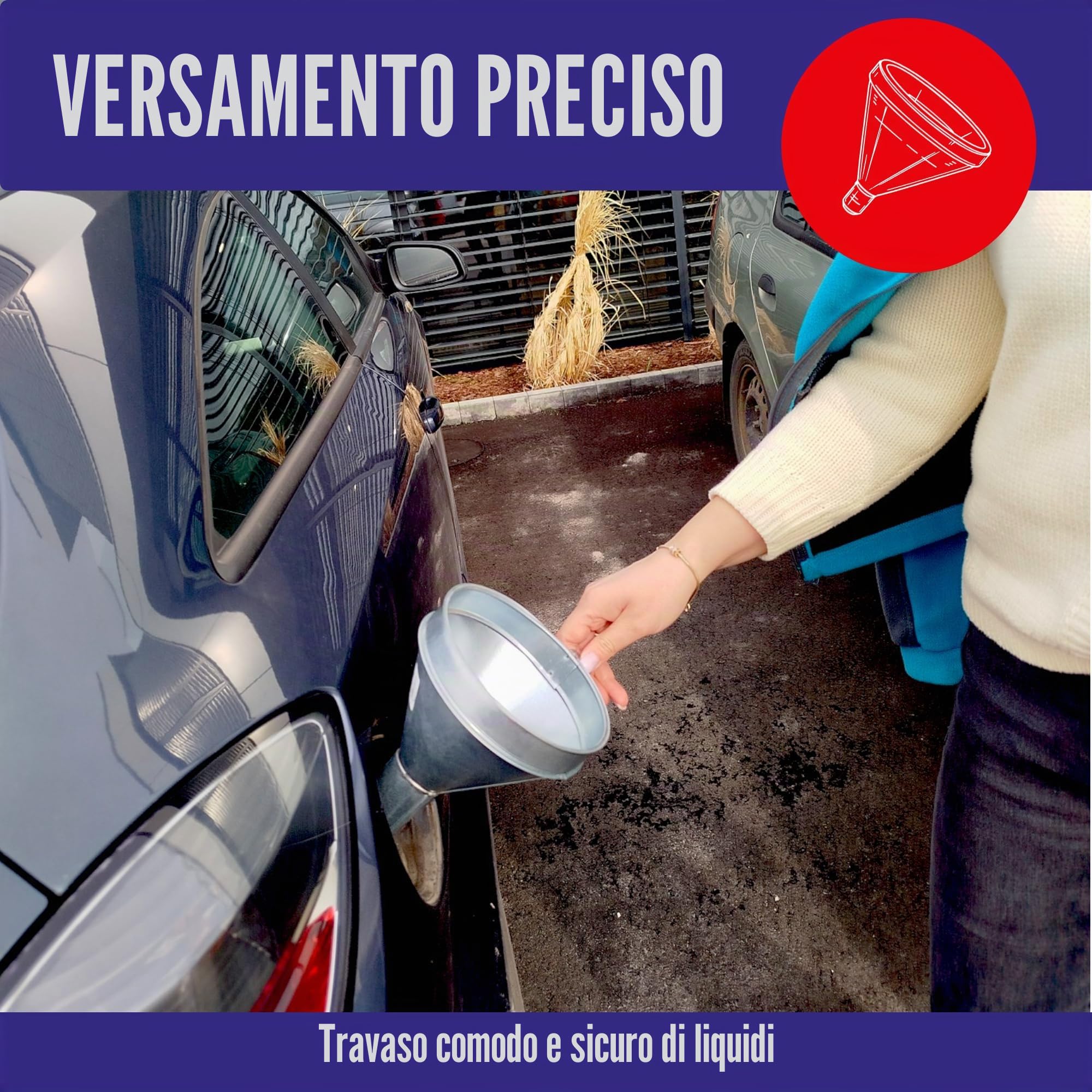 Chle-Mar - Imbuto in metallo per benzina con filtro | Imbuto per olio Auto & veicoli a motore grande | Robusto imbuto in metallo con manico per benzina, olio motore e liquidi tecnici | Grande imbuto