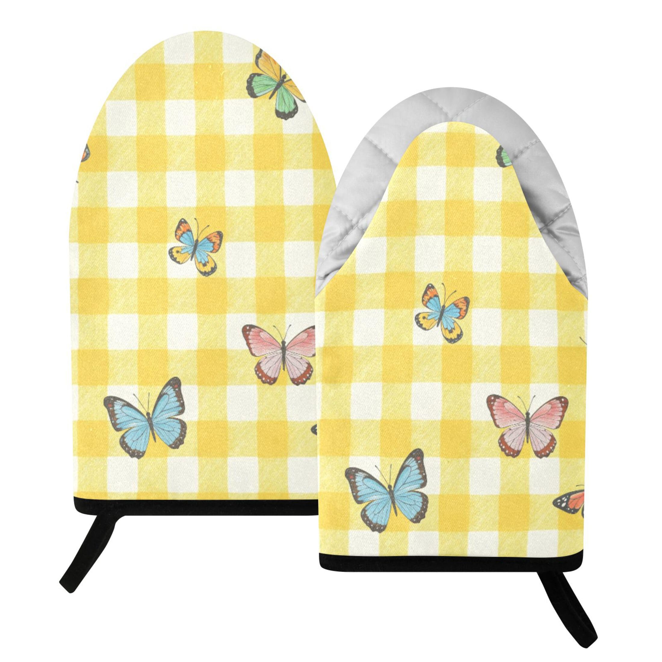 Fuauuyl Oven Mitts Heat Resistant Kitchen Gloves, Yellow Checkered Butterflies Classic Oven Gloves with Hanging Loop for Baking BBQ Cooking Grilling, 1 Pair, 9.5 in