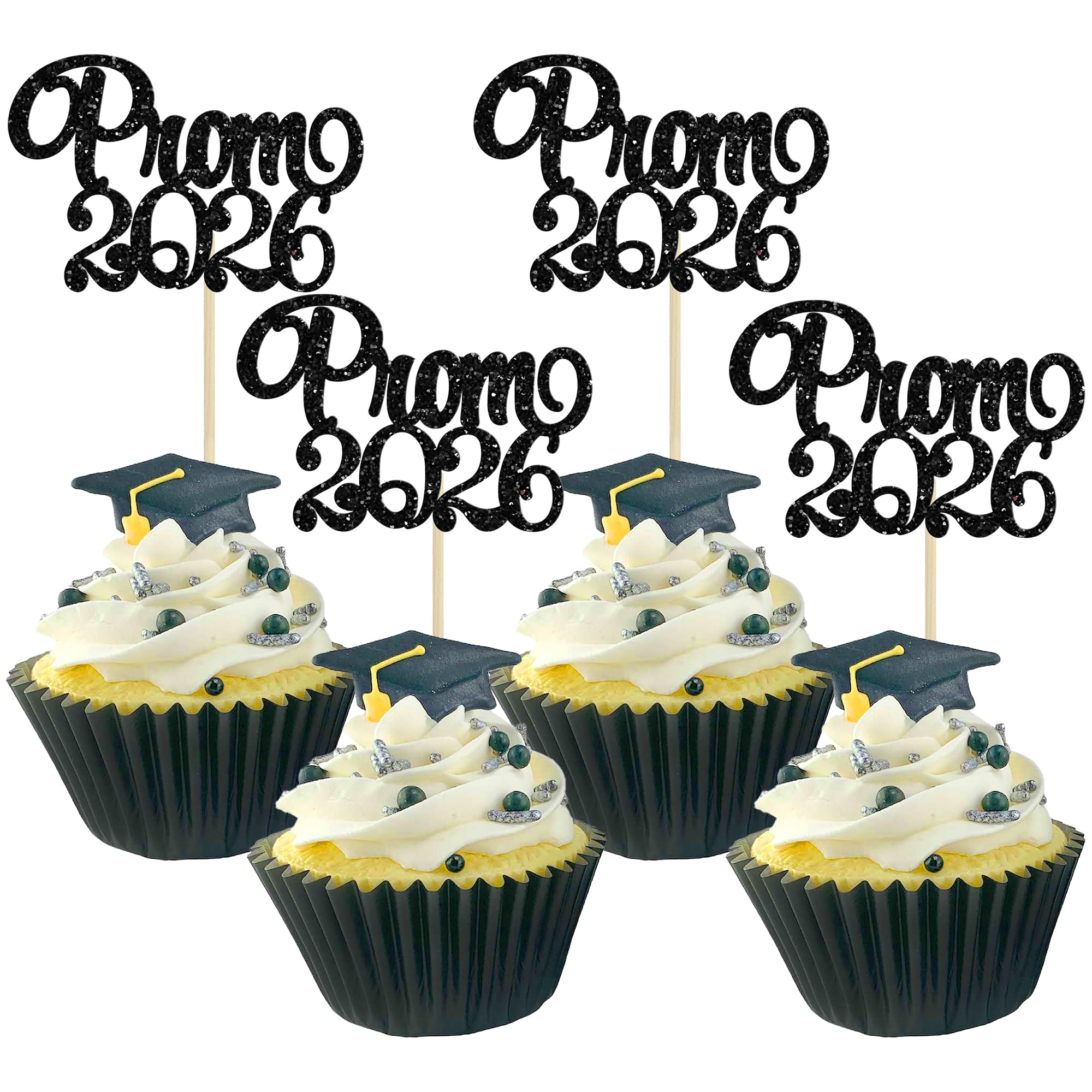 Gyufise 24Pcs Glitter 2026 Graduation Cupcake Toppers Prom 2026 Cupcake Toppers 2026 Graduation Cake Toppers For Grad Party Cake Decorations Class of 2026 Black — image 1