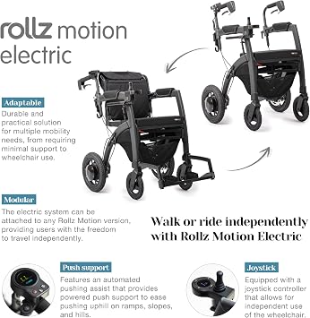 Rollz Motion Electric, Lightweight 3 in 1 Walker Electric Wheelchair, Rollator, Transport Chair, Foldable Mobility Solution, 220 lbs Capacity, Matt Black