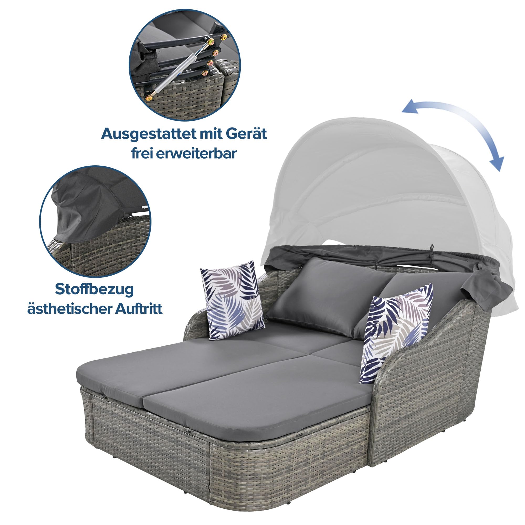 Lubvtti Juego de salón de jardín, sofá de exterior, ratán PE con techo ajustable, sofá cama de 2 plazas con 4 cojines y cojín desenfundable, muebles de jardín, doble salón, gris