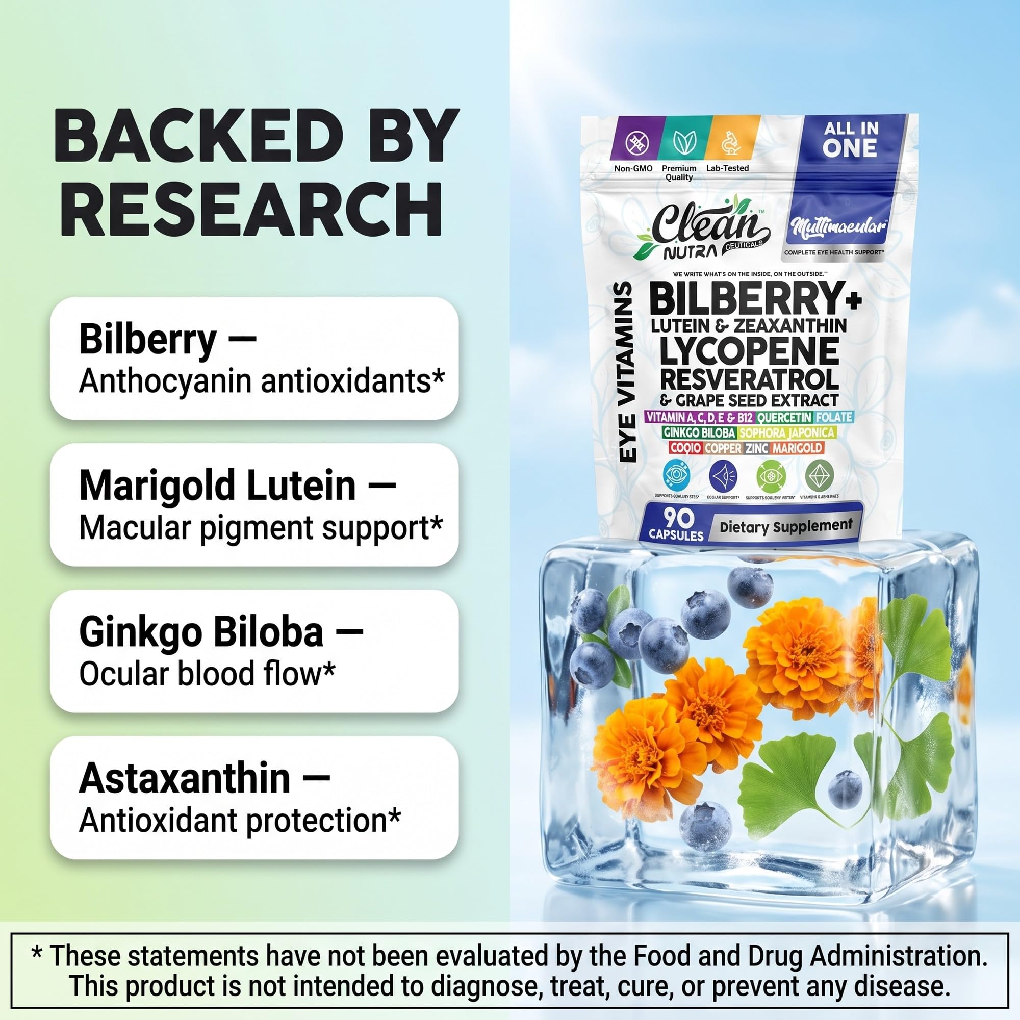 Clean Nutra Multimacular Bilberry+ Lutein Zeaxanthin Lycopene Resveratrol with Flax Seed Grape Japanese Knotweed Ginkgo Biloba Sophora Japonica Coenzyme Copper Zinc Marigold Black Pepper 90 Capsules — Amazon image 3