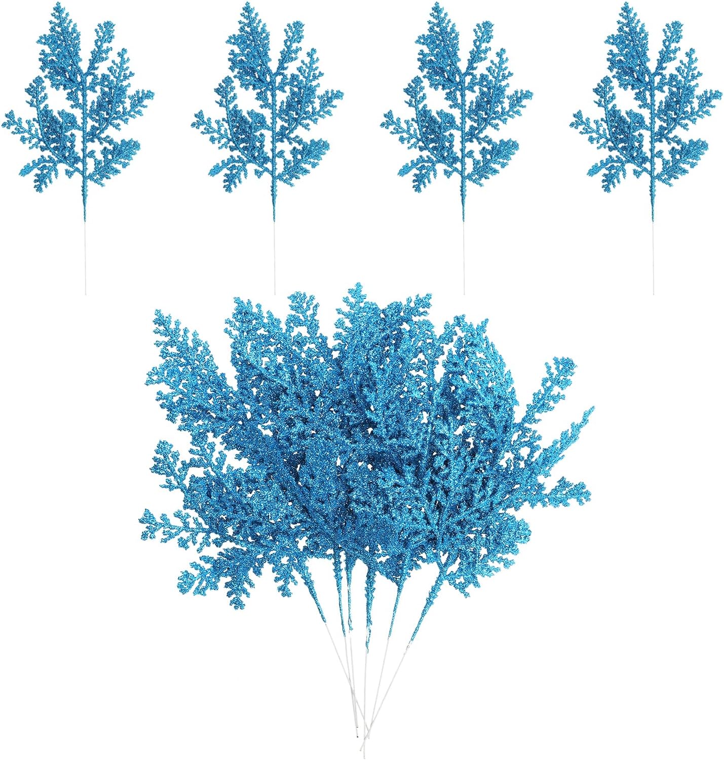 – 10 Inch Artificial Pine Needles, 10 Pcs Glitter Pine Stems Christmas Branches Fake Floral Twig Leaves Faux Cedar Picks Sprays for Tree Bouquet Wedding Wreath Greenery Decor, Blue