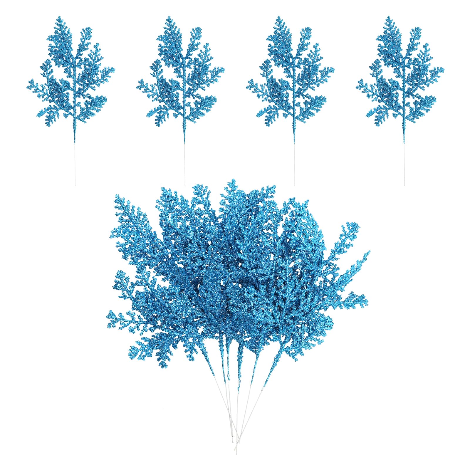 – 10 Inch Artificial Pine Needles, 10 Pcs Glitter Pine Stems Christmas Branches Fake Floral Twig Leaves Faux Cedar Picks Sprays for Tree Bouquet Wedding Wreath Greenery Decor, Blue