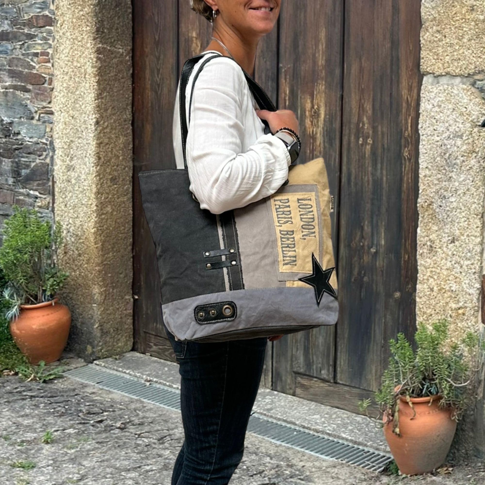 Sunsa Damen Handtasche. Große Shopper in Vintage Retro Stil mit Stern.