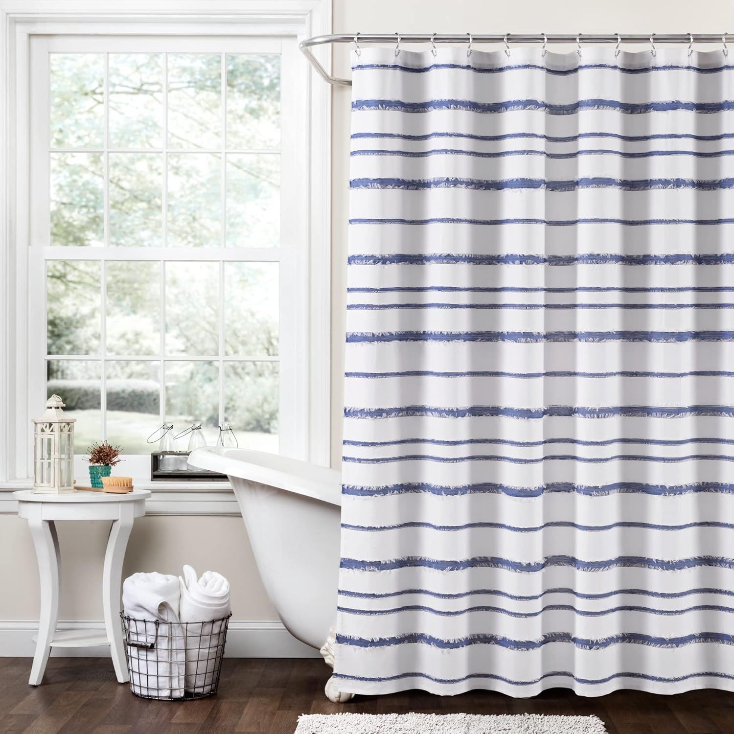Lush Decor Stripe Clip Jacquard Shower Curtain Single 72" W x 72" L White & Gray - Striped Shower Curtains for Bathroom - White Bathroom Curtain