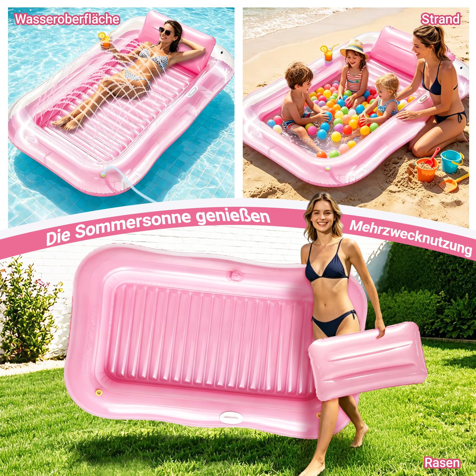 Aufblasbare Tanning Pool, Aufblasbarer Luftmatratze Pool Erwachsene, Aufblasbares Sonnenpool mit Kissen, Luftmatratze Wasser mit Eingebautem Sprinkler für Erwachsene Badebett & Wasserparty