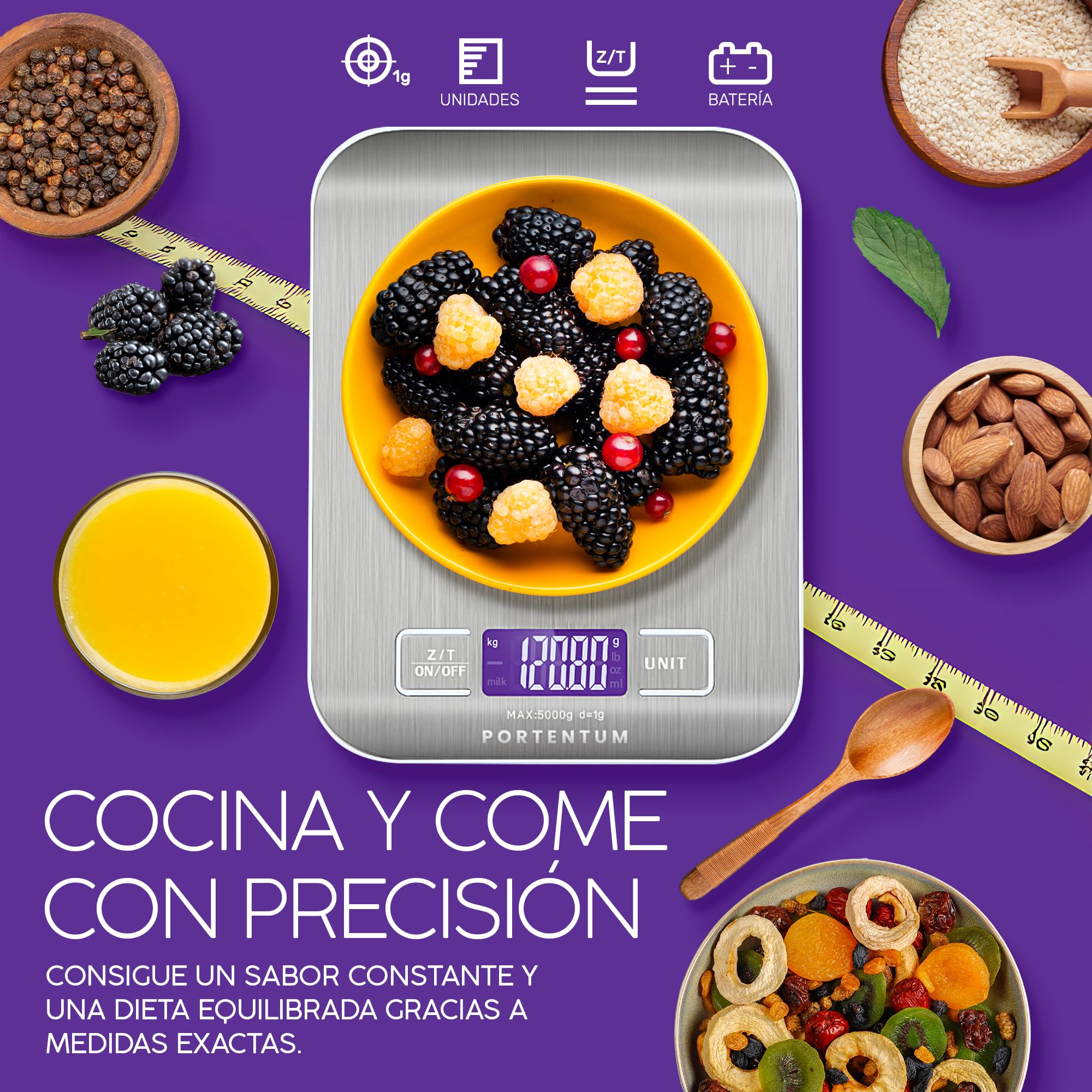 PORTENTUM Peso de Cocina con Pantalla LCD, Acero Inoxidable, Balanza cocina precisa de 1 gramo a 5 kg/11 lbs, Plata