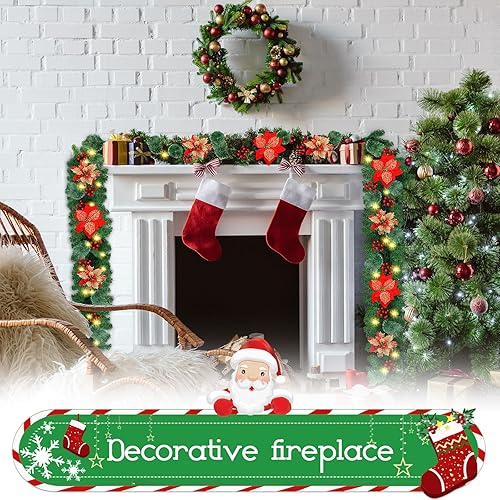 Miniatura 5 de Guirnalda de Navidad, guirnalda de Navidad con luces, decoración de Navidad, flores artificiales de ratán de 9 pies, decoración de Navidad para