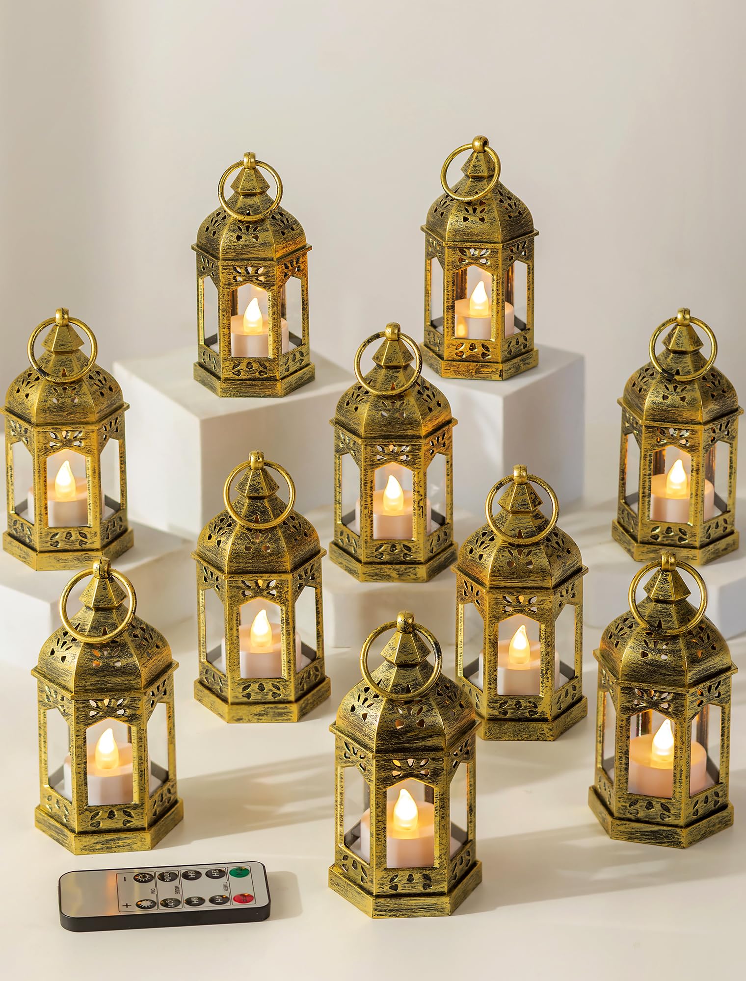 Faroles dorados pequeños para decoración de mesa Romadedi, juego de 20 mini linternas vintage