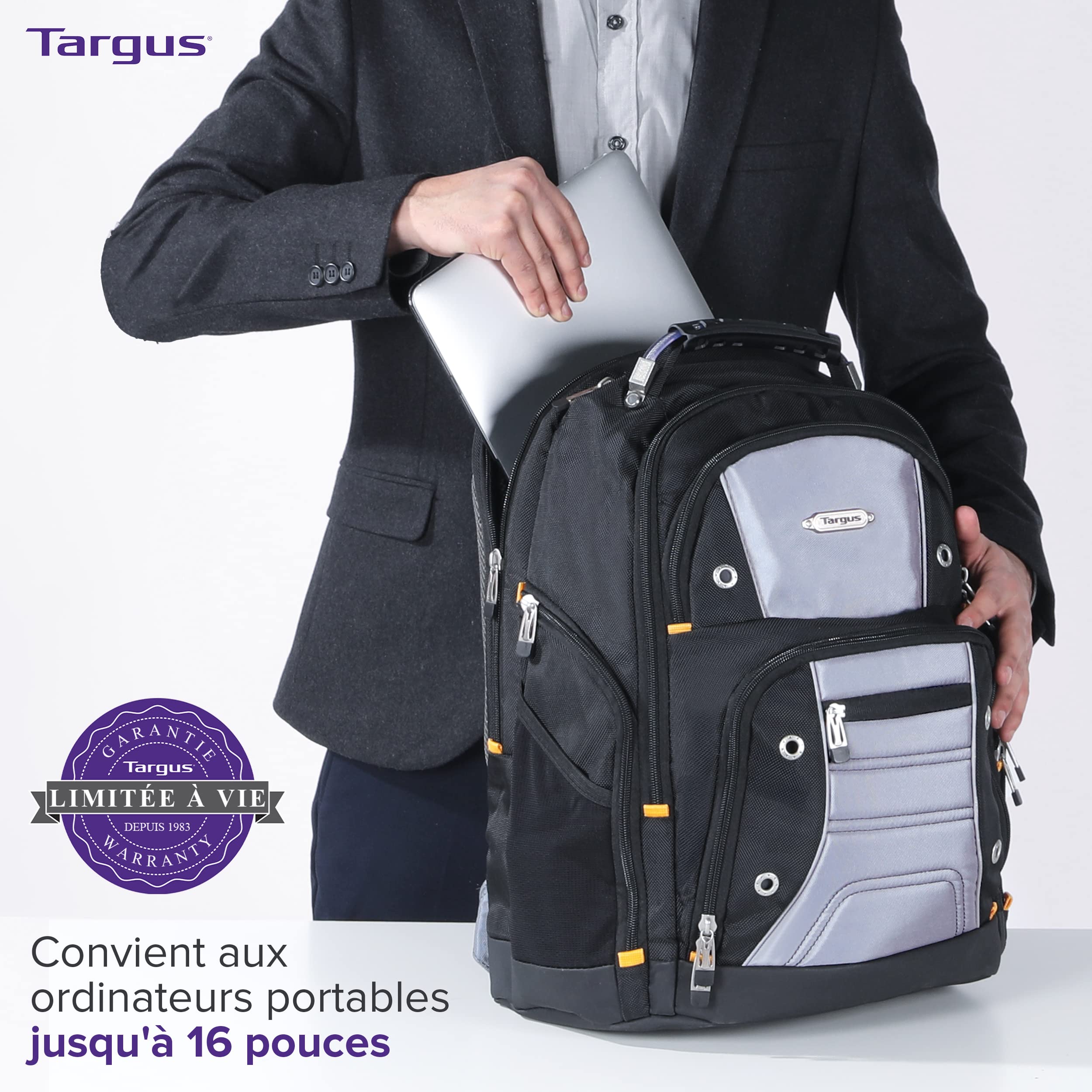 Targus Drifter Sac à Dos renforcé pour Ordinateur Portable Jusqu’à 15,6/16", Grand Sac à Dos imperméable avec Compartiments, Sac pour Ordinateur 32 L – Noir/Gris, TSB238EU