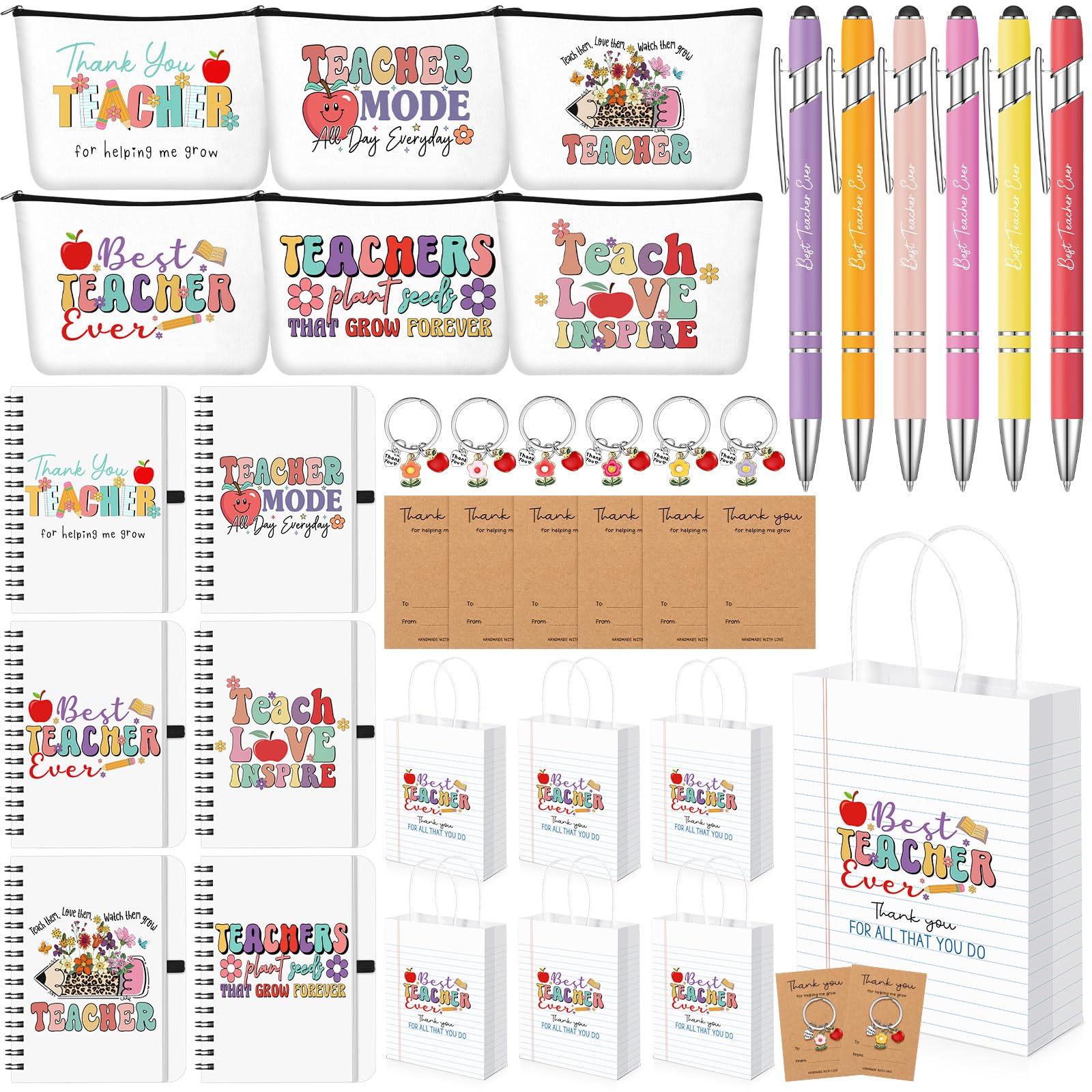 Tisancy 36 regali di apprezzamento per insegnanti, include 6 sacchetti regalo, 6 quaderni, 6 sacchetti per il trucco, 6 biglietti di ringraziamento, 6 portachiavi, 6 penne a sfera per insegnante