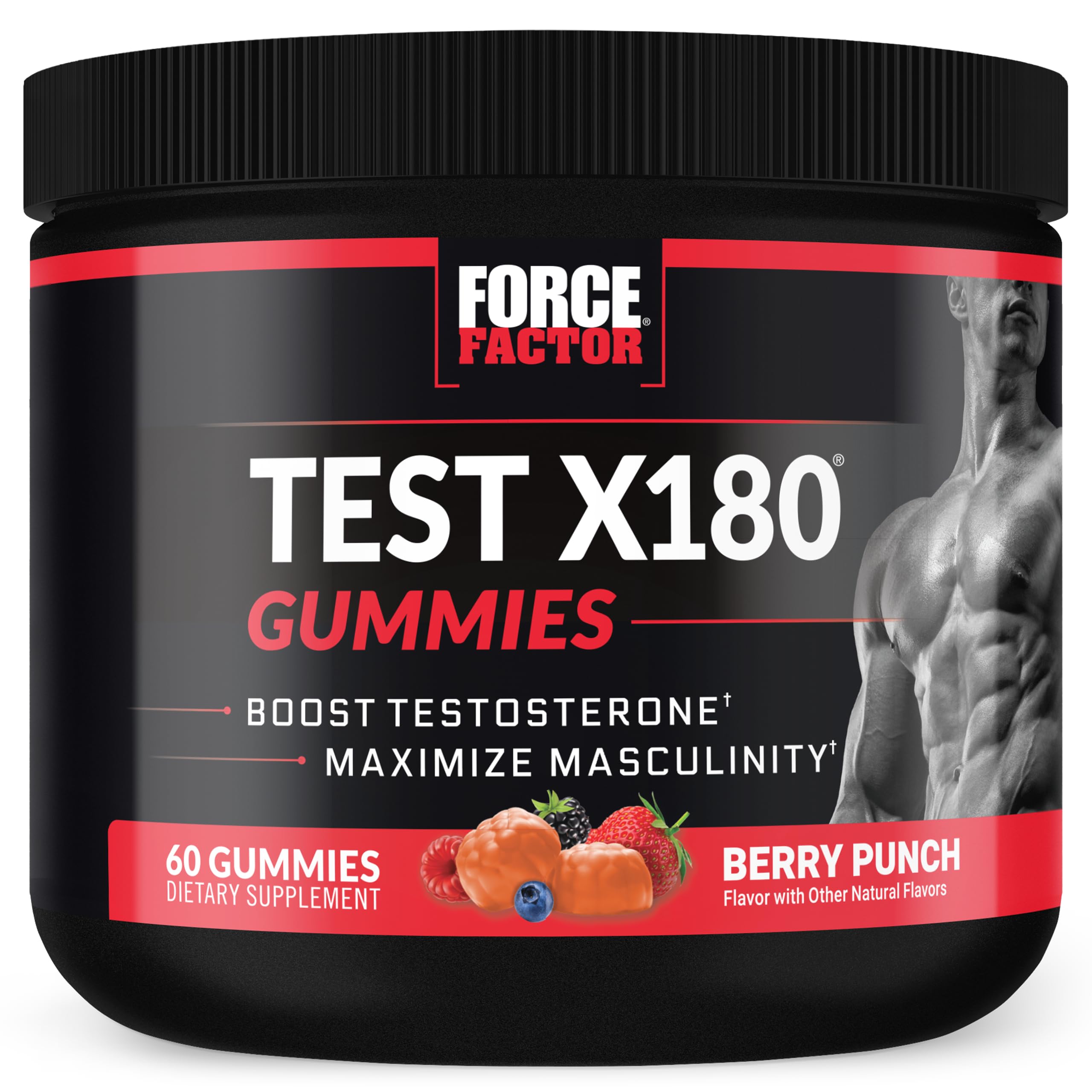 Force Factor Test X180 Suplemento em Gomas com feno-grego, erva-de-cabra-amarela, maca-preta, Tribulus terrestris, tongkat ali e boro, 60 gomas