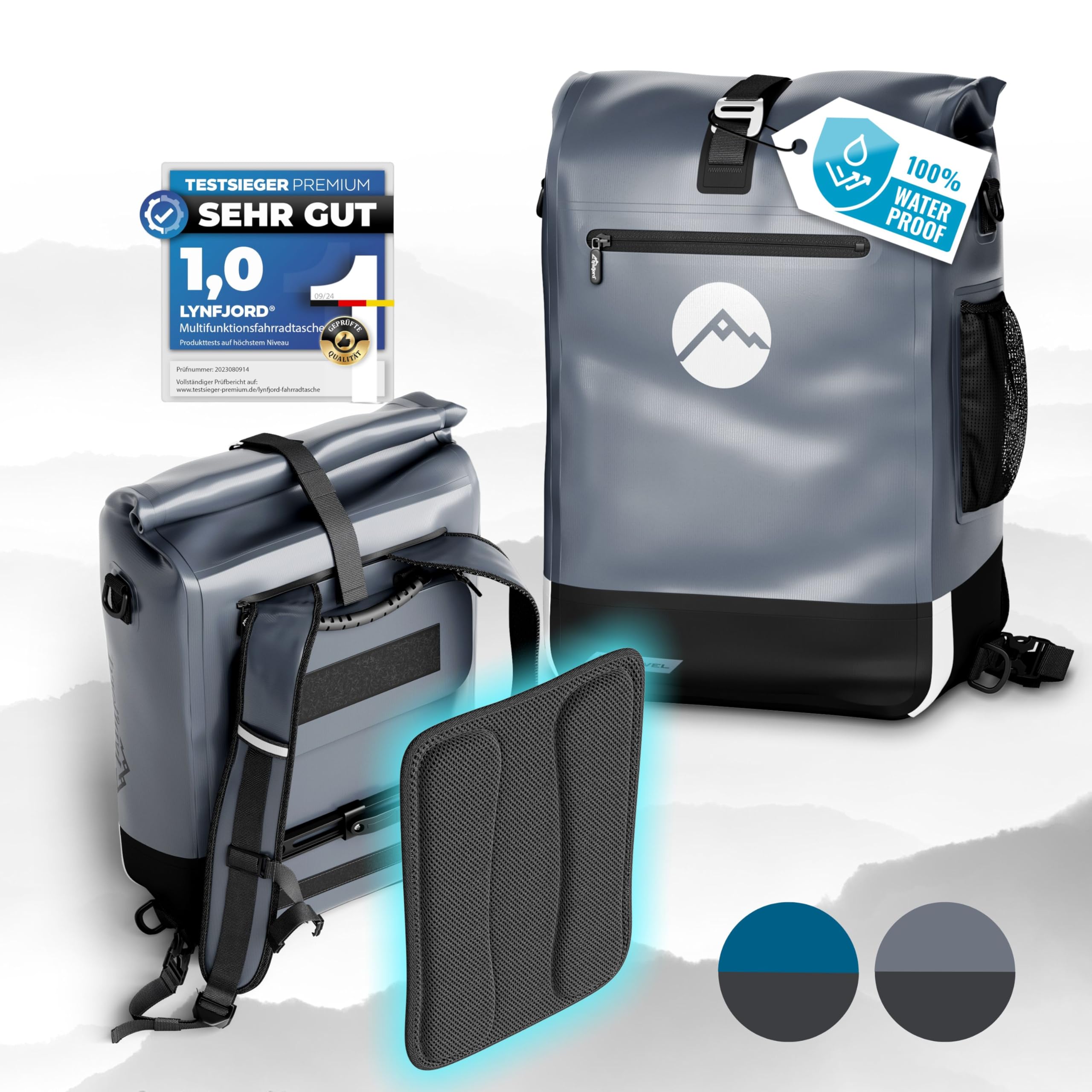 Lynfjord Travel Trek 25 Fahrradtasche 3in1 - optimierte Gepäckträgertasche, Rucksack, Cross Bag - wasserdicht - Rückenpolster - Helmnetz - Schnelleinhängung - Laptoptasche - Rückwand - Fiord