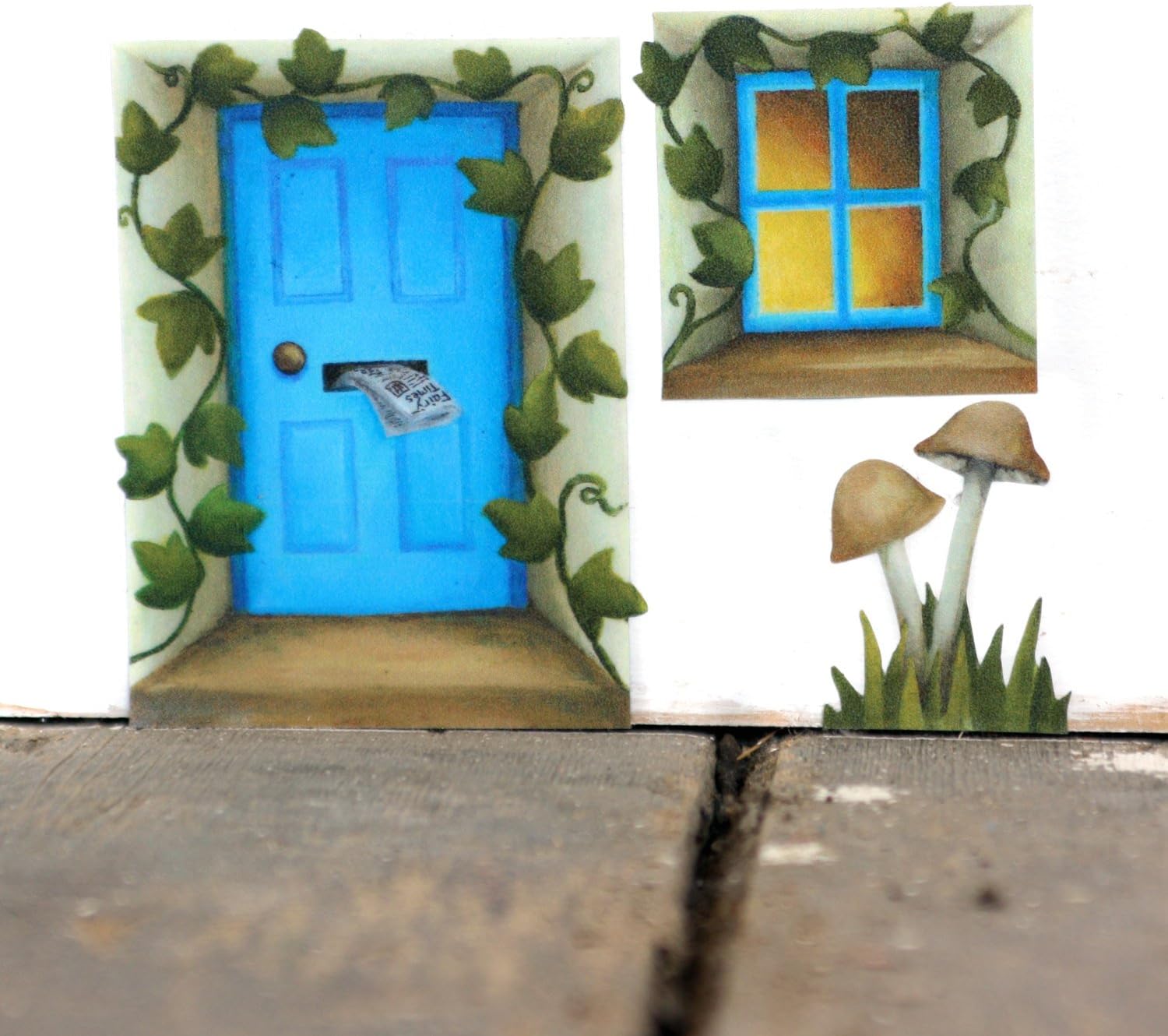Blue Fairy Door Wall Sticker/Decal with Ivy and Mushrooms Mini Mural