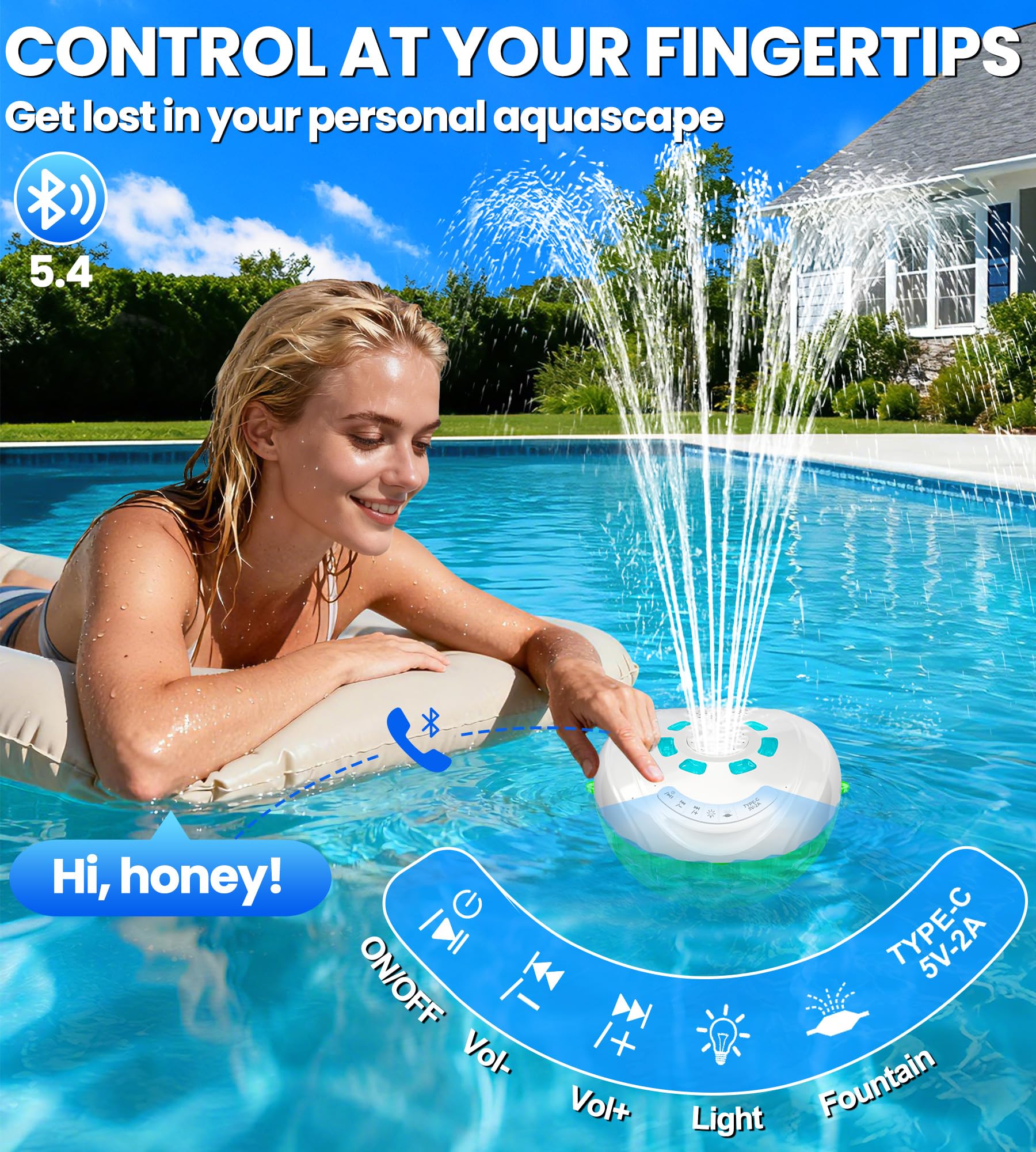 Luxfero 3 in 1 Altoparlante per Piscina con Fontana & Luminosa,Altoparlante Bluetooth Piscina,Cassa Bluetooth Impermeabile IP68,BT5.4,Suono Stereo Altoparlante Bluetooth Potente,Fontana per Piscina