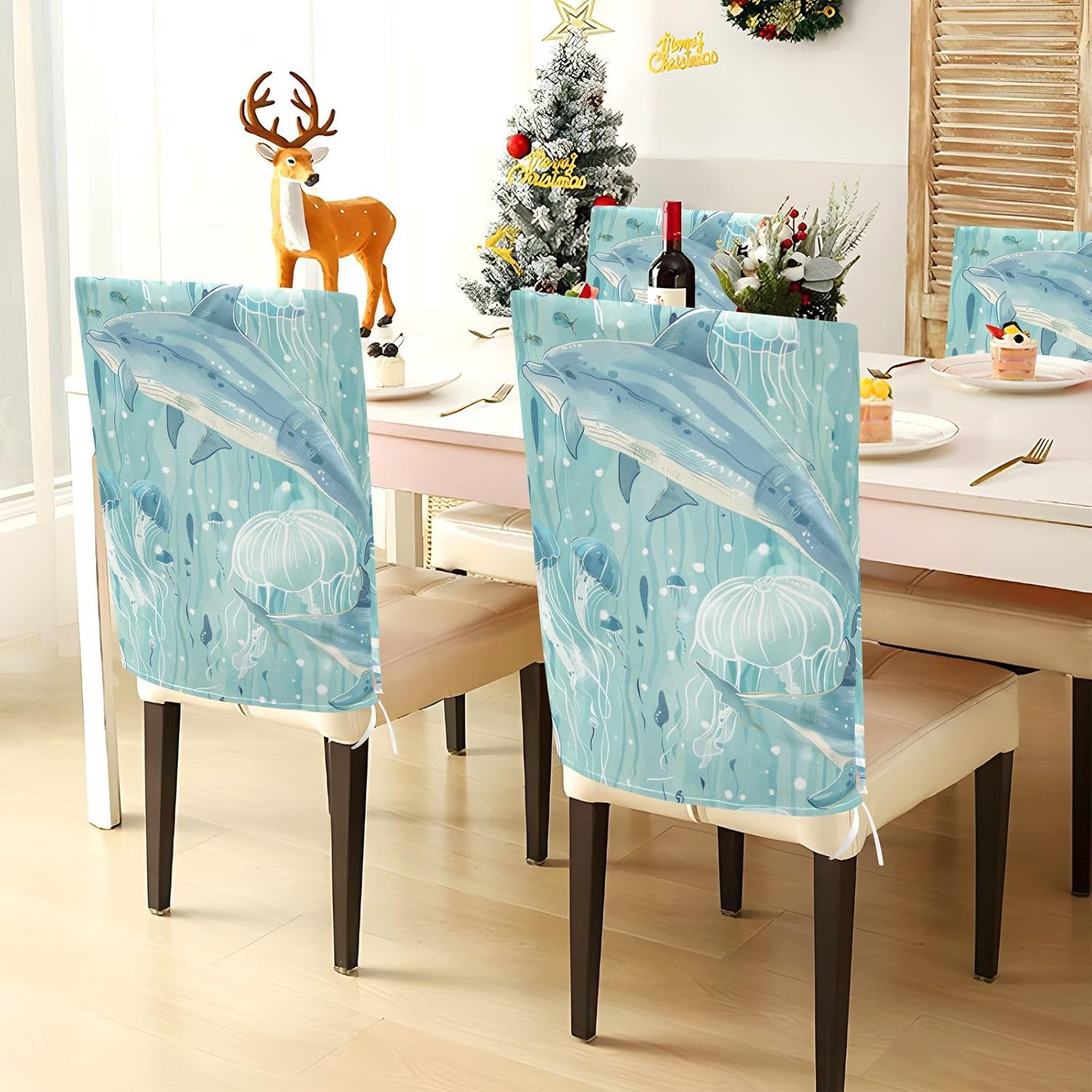 ALAZA Dolphin Jellyfish Chair Back Cover Set of 6, Washable Reusable Removable Chair Slipcovers Decorative Chair Cover for Home Kitchen Wedding Party