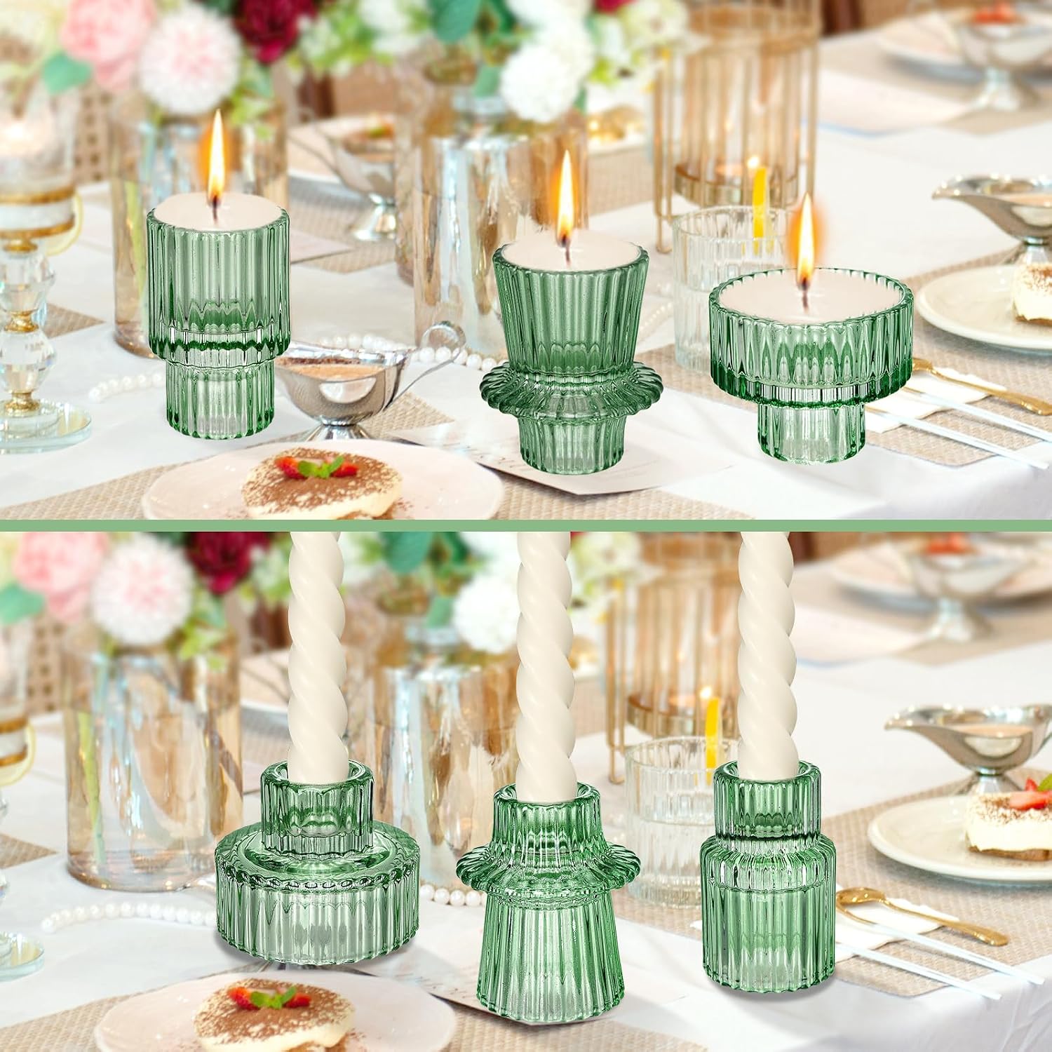 Glass Candlestick Holders - Set of 3 Green Tealight Candle Holder,3 Style Taper Candle for All Formal Events,Table Centerpieces,Wedding, Dinning,Church, Party & Festival Decoration