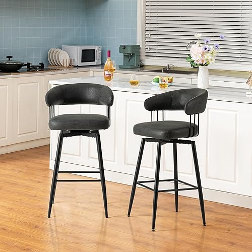 Miniatura 16 de Glitzhome Juego de 2 taburetes de bar giratorios de 31 pulgadas de altura de asiento tapizados de dos tonos, sillas de bar modernas de mediados de