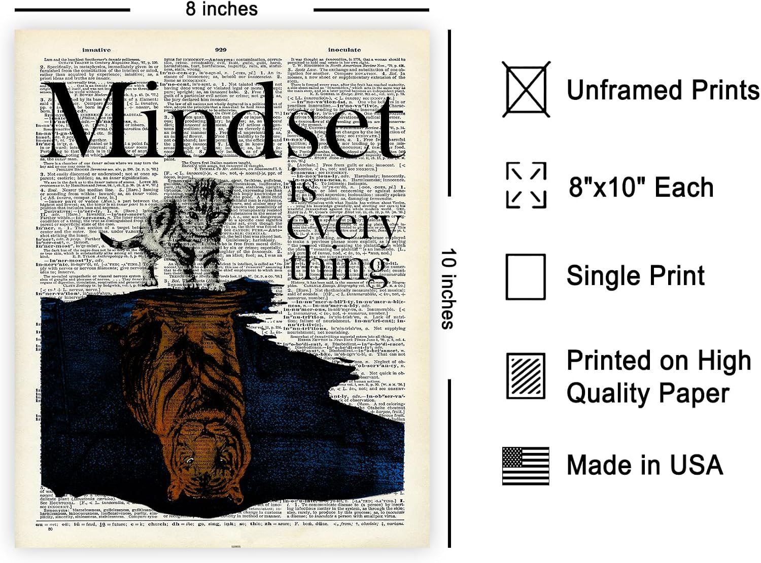 Poster Master Mindset Is Everything Print - Dictionary Poster - Cat & Tiger Art - Motivational Wall Design - Gift for Men & Women - Inspiring Decor for Living Room or Dorm - 8x10 UNFRAMED Wall Art