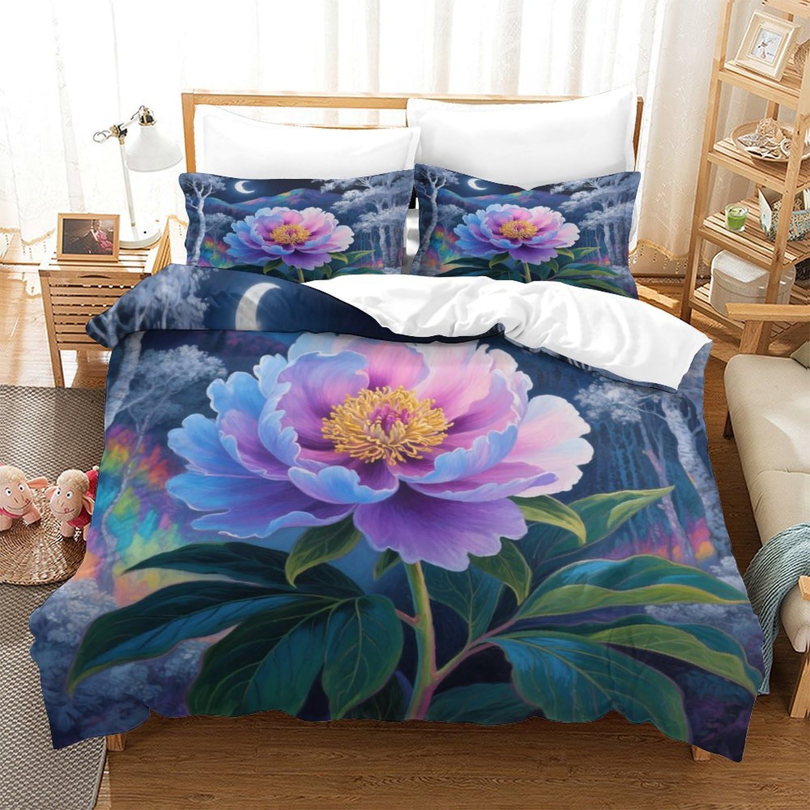 Housse de couette peony 3D lit simple 140x200 microfibre avec taie d'oreiller ado