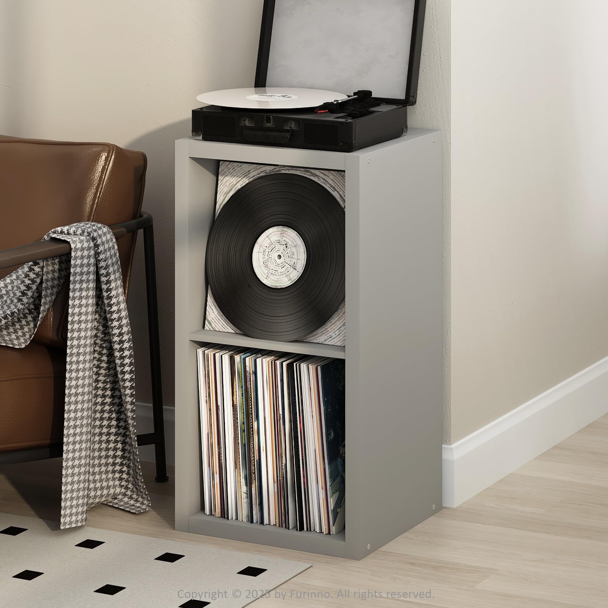 Furinno Cubicle Plattenspieler Regal mit Vinyl Aufbewahrung, 2-Würfel 1.2 Extra Dicke Vinyl Aufbewahrung, Offen Rückseitiges Medienregal für CD DVD Blueray Spiel Discs, für Wohnzimmer, Hellgrau