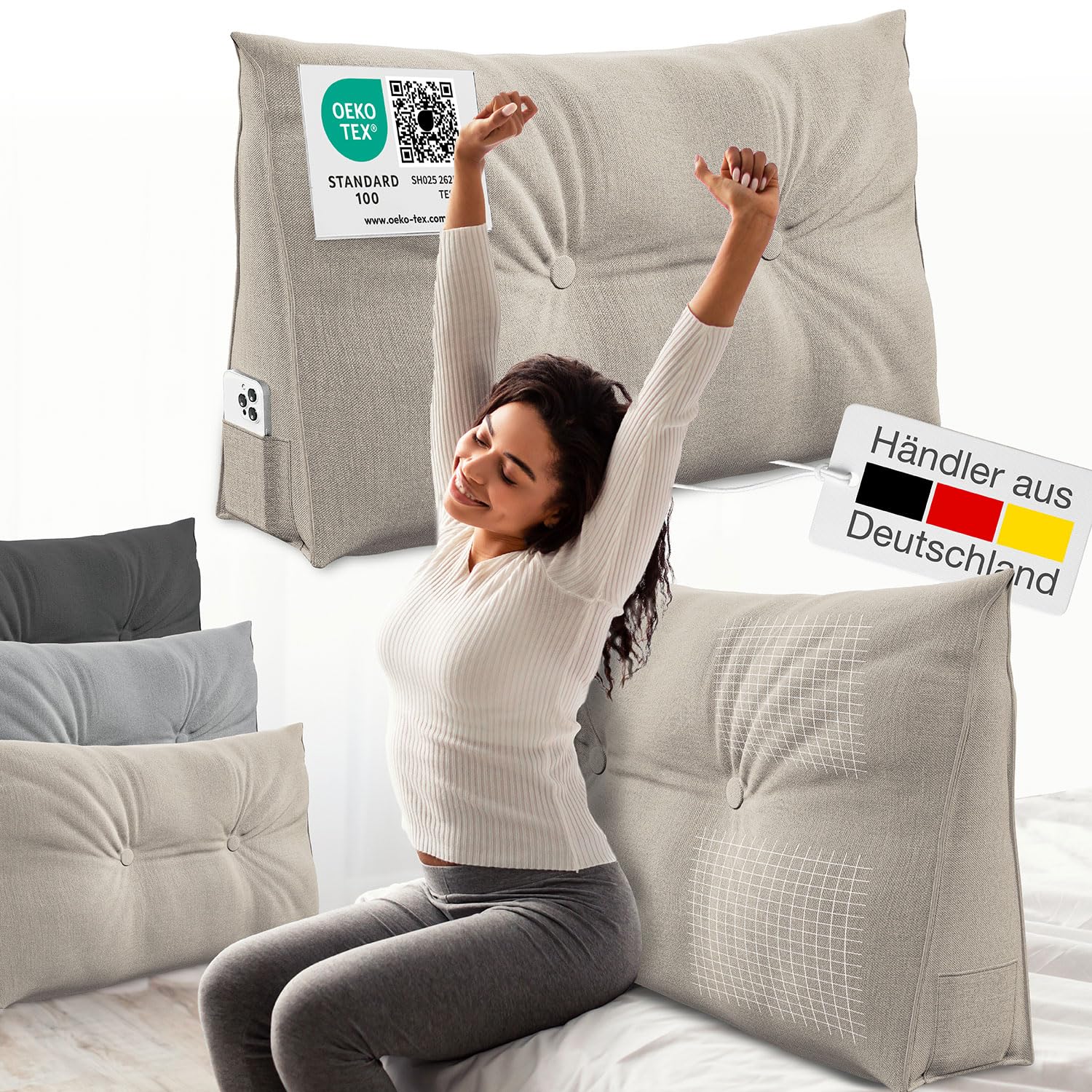 ELONEO Rückenkissen 70 cm breit, Keilkissen für Bett und Sofa geeignet, dreieckiges Lesekissen, Kissen mit abnehmbarem und waschbarem Bezug, mit praktischem Seitenfach