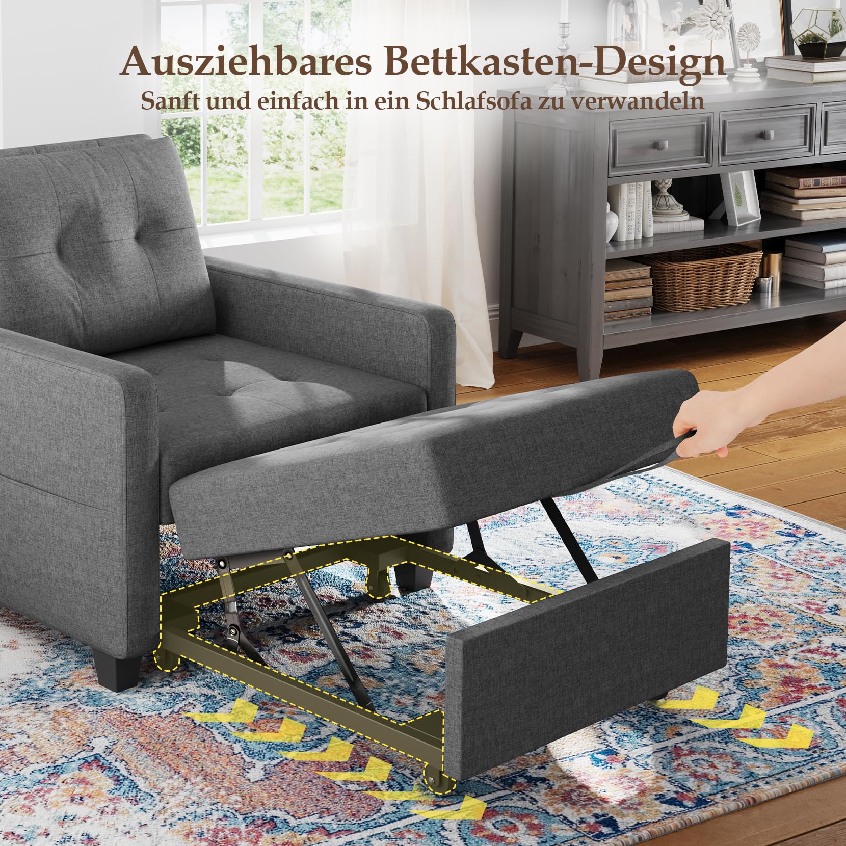 Vesgantti Schlafsessel mit Bettfunktion 3-in-1 Ausziehbares Schlafsofa Umwandelbarer Stuhl Bett Verstellbarer Einzelsessel mit Seitentasche, für kleinen Raum, Dunkelgrau