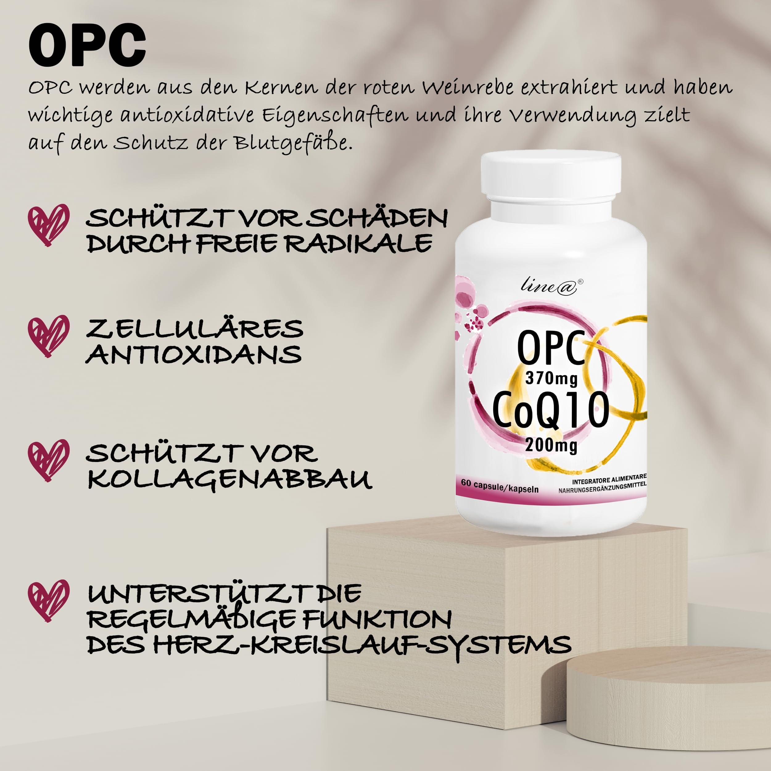 OPC e CoQ10 Line@ | Potente ANTIOSSIDANTE 2 in 1 | E.s. di VITE ROSSA 370mg e COENZIMA Q10 200mg | 60 capsule | 2 MESI