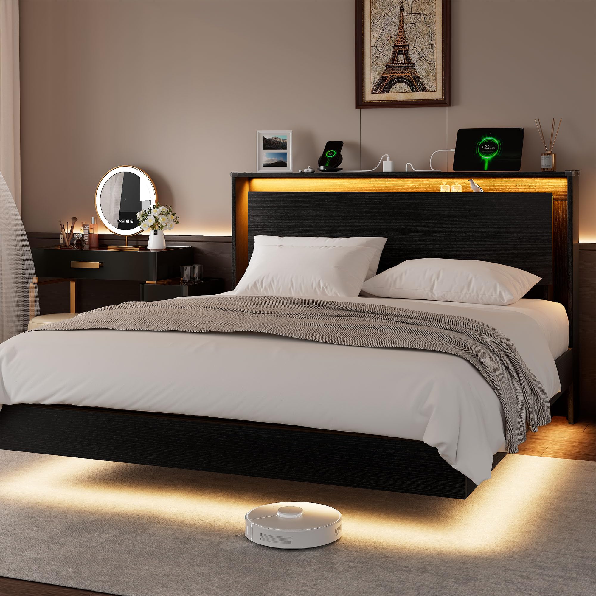 (ONLY BOX 1/2)Einhomn Full Size Bed Frame with LED Lights & Charging Station – Kids Wood Floating Bed Frame with Storage Headboard, Adhesive Slats, Kick-Free & Noise-Free Design, Easy Assembly, Black